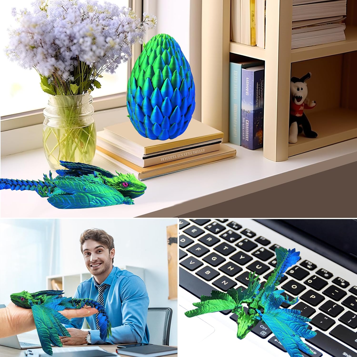 Dynamic 3d Printed Dragon Eggs with Dragon Inside，3D Dragon with Wings Movable, Feathered Wyvern Dragon,Full Articulated Crystal Flying Fidget Dragon , 3D Printed Archaeopteryx Bird Animals Toy
