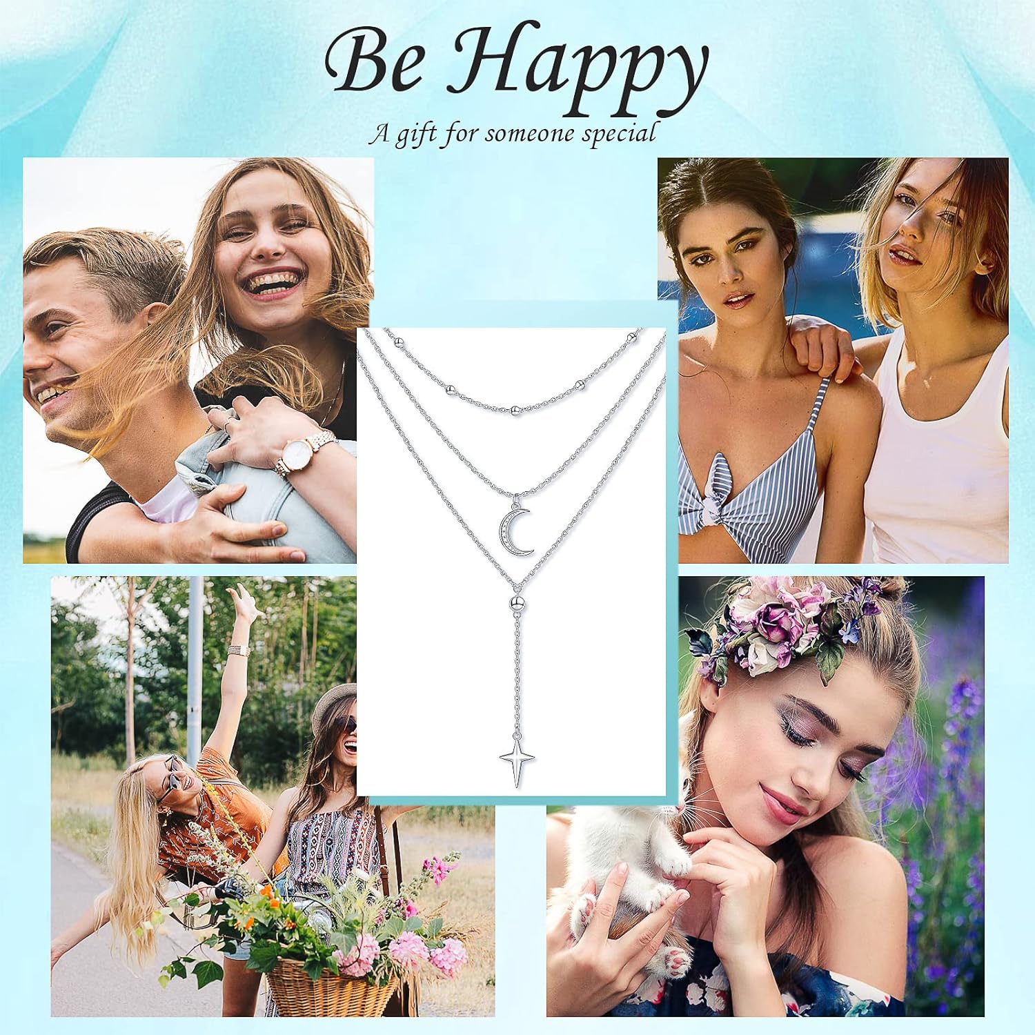 Sterling Silver Layered Necklaces for Women 3 Layer Dainty Moon and Star Pendant Multilayer Long Necklace four-pointed Star Choker Chain Adjustable Moon Jewelry - Image 7