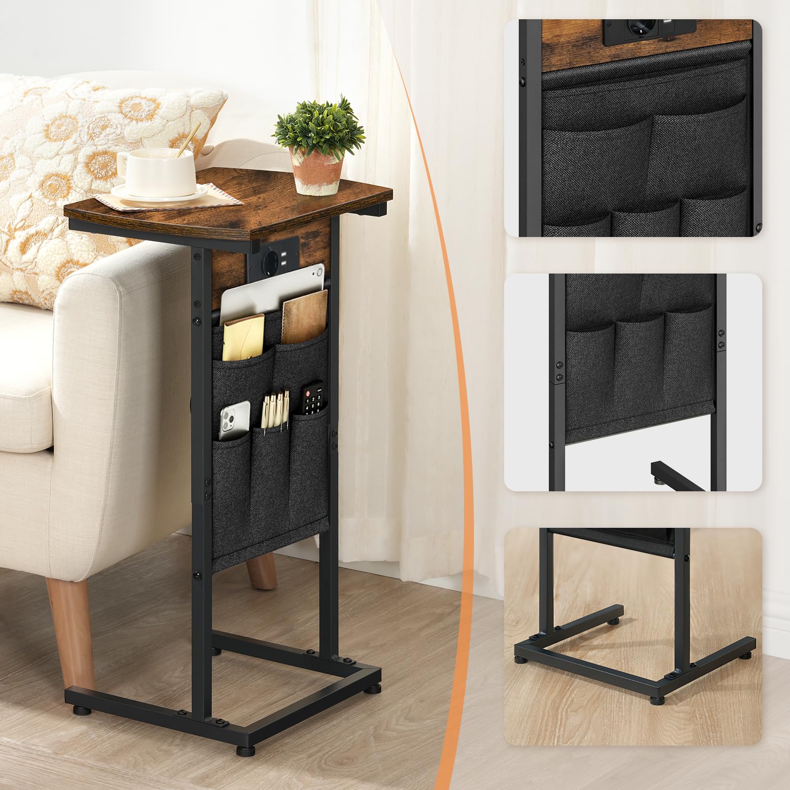 HOOBRO Tavolino Stretto, Comodino Piccolo in Stile Industriale, Tavolino Sottile per Piccoli Spazi con Portariviste, per Soggiorno, Camera da Letto, Studio, Marrone Vintage e Nero EBF81BZ01