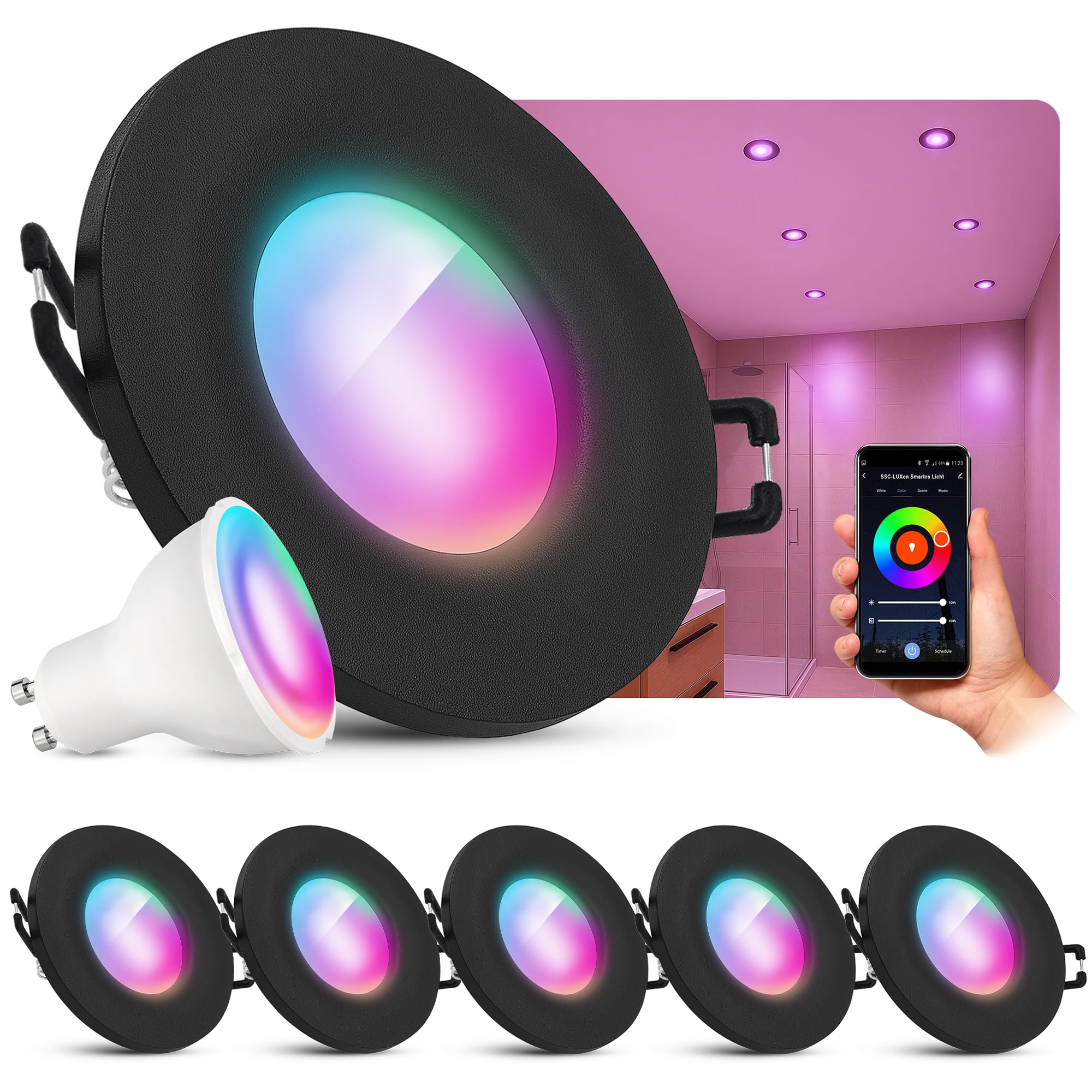 SSC-LUXon BEDA Einbaustrahler 6er Set schwarz IP65 Smart GU10 WLAN RGBW | Sechs flache Einbauspots schwarz IP65 - per App & Alexa steuerbar, RGB-Farblicht, für Bad, Küche & Außen, inkl. GU10 LED
