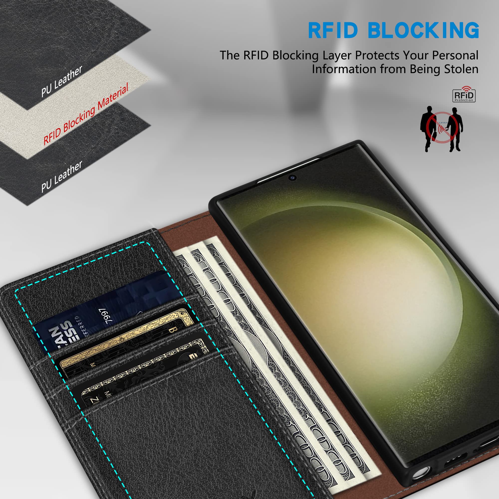 ZZXX for Samsung Galaxy S24 Ultra Wallet Case with [RFID Blocking] Card Slot Stand Strong Magnetic Leather Flip Fold Protective Phone Case for Samsung Galaxy S24 Ultra Case Wallet(Black-6.8 inch)