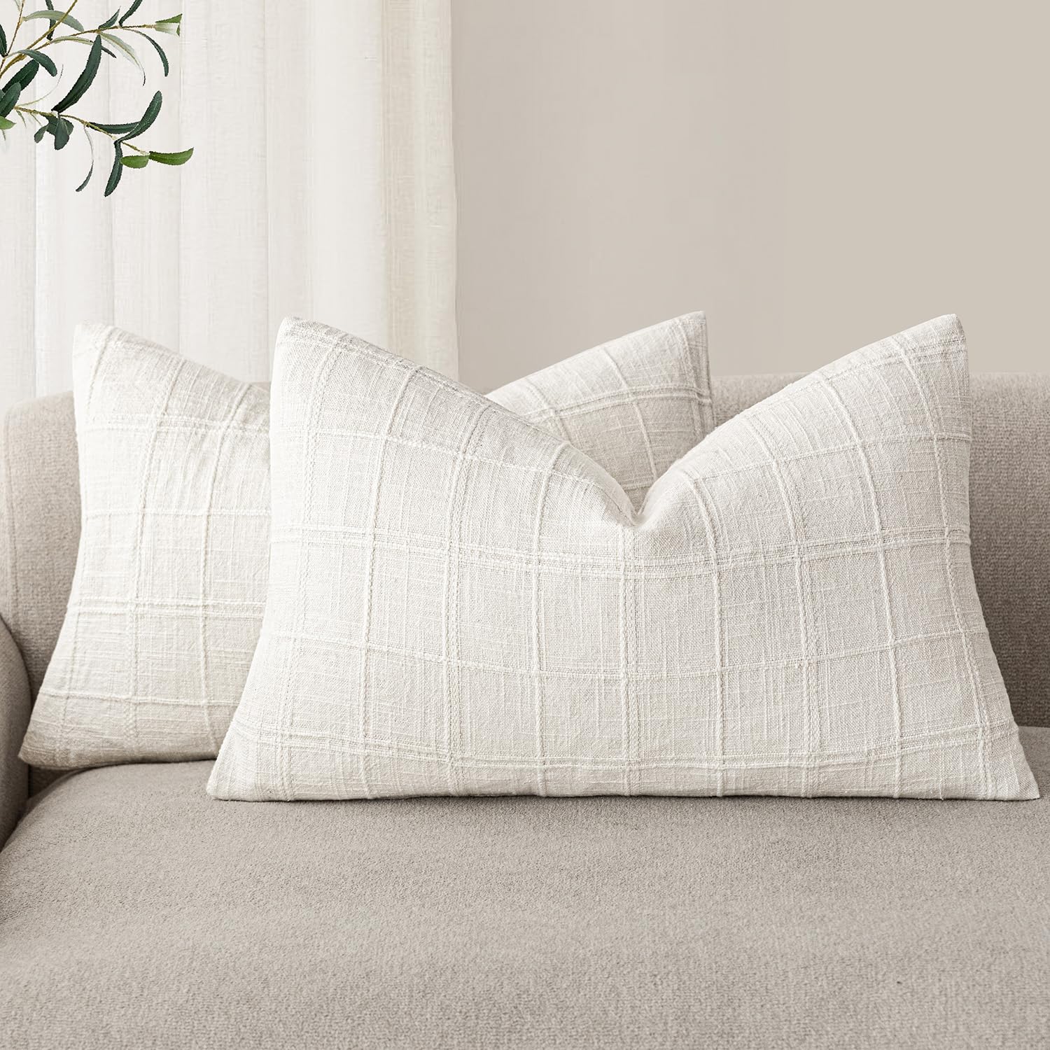 Foindtower Textured Linen Check Lumbar Throw Pillow Cover 12×20 Cream White