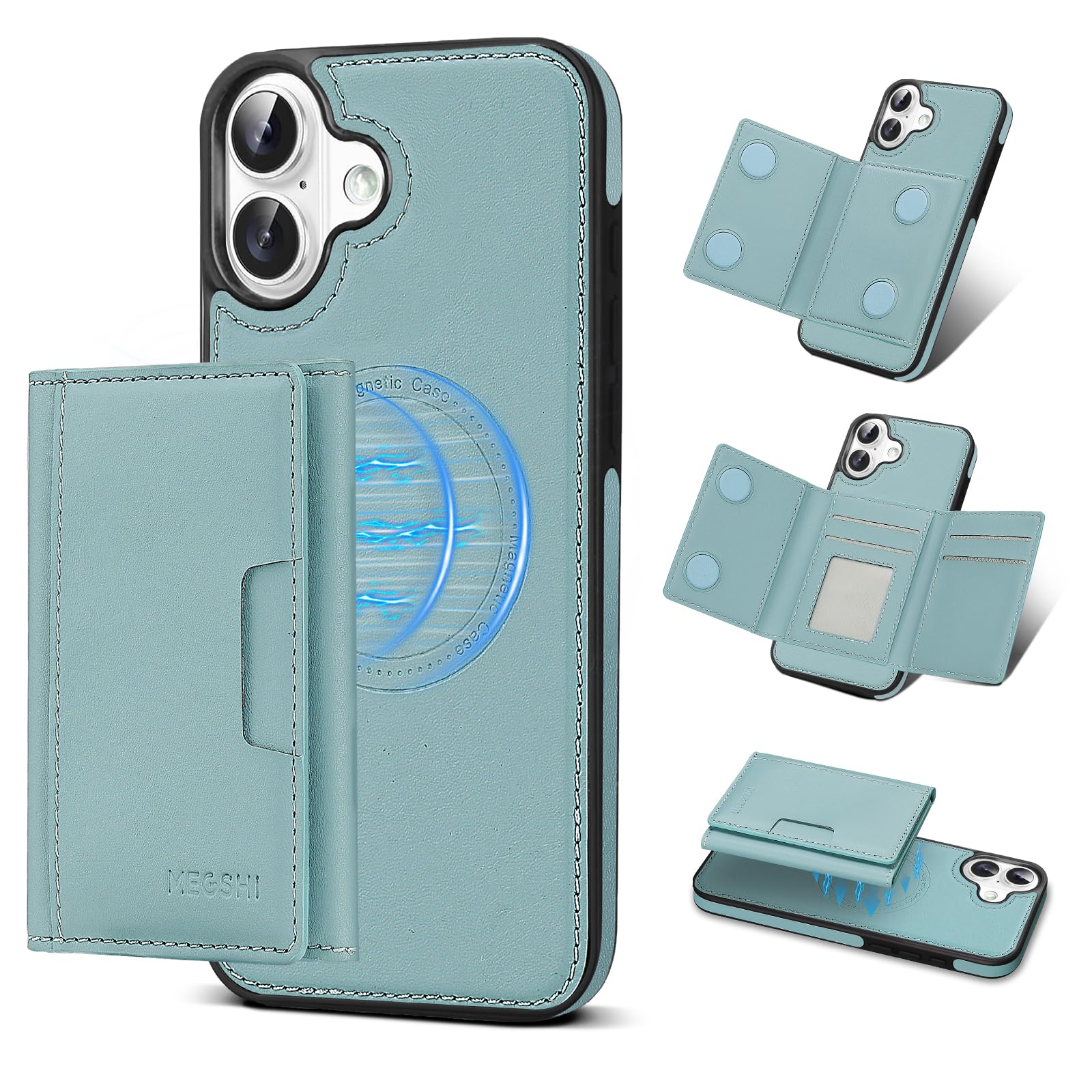 Godzoen for iPhone 16 Wallet Case, 2-in-1 Detachable Phone Case, Card Holder RFID Blocking, Fashionable Faux Leather Card Slot & Folding Design (Blue