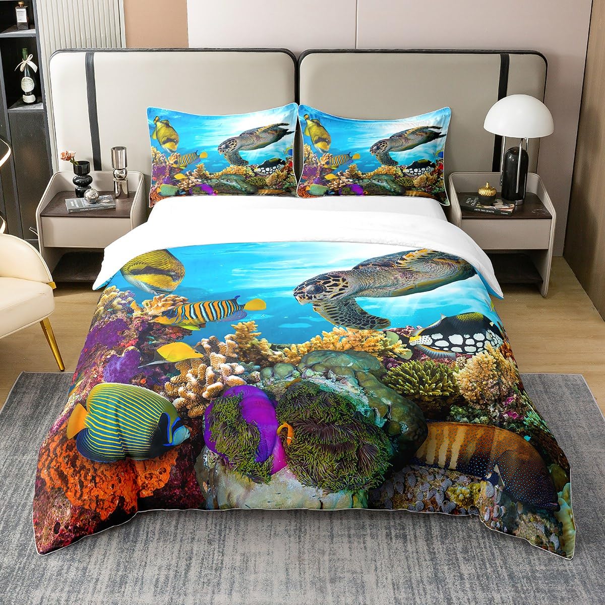 Loussiesd Meeresschildkröte 100% Baumwolle Bettwäsche Set 135x200cm Marine Life Ozean Creature Bettwäsche für Kinder Erwachsene Tropische Fische Koralle Bettwäsche Meerestiere Bettbezug Set Küche, Haushalt & Wohnen