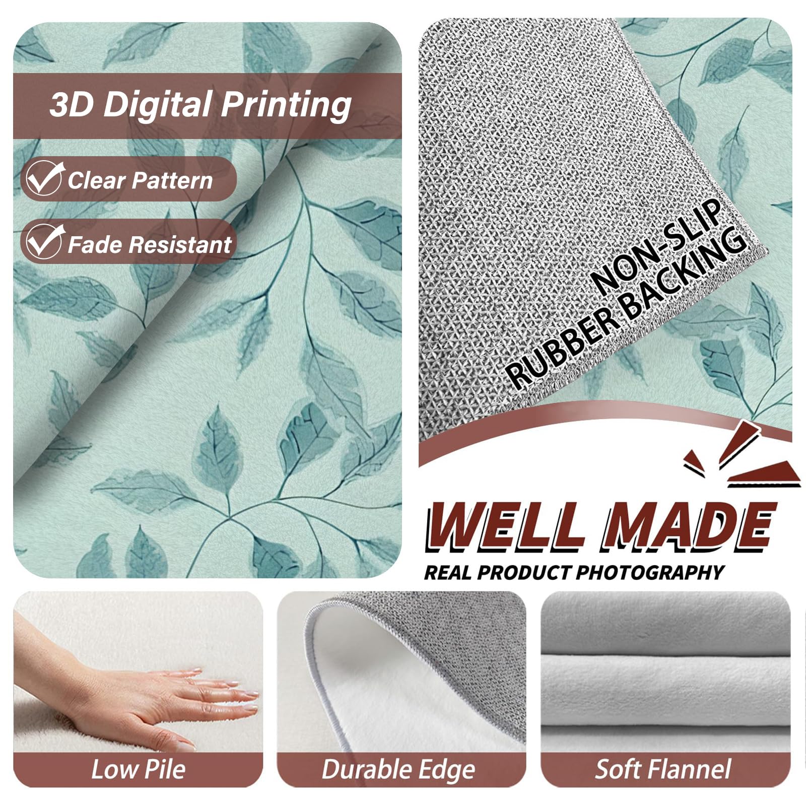 Großer waschbarer Kurzflor-Teppich 200x300 - Blätter Blau Teppiche - Abstrakt Dünn Saugfähig Vielseitig Carpet für Wohnzimmer Schlafzimmer Oder Als Bettvorlege A&171