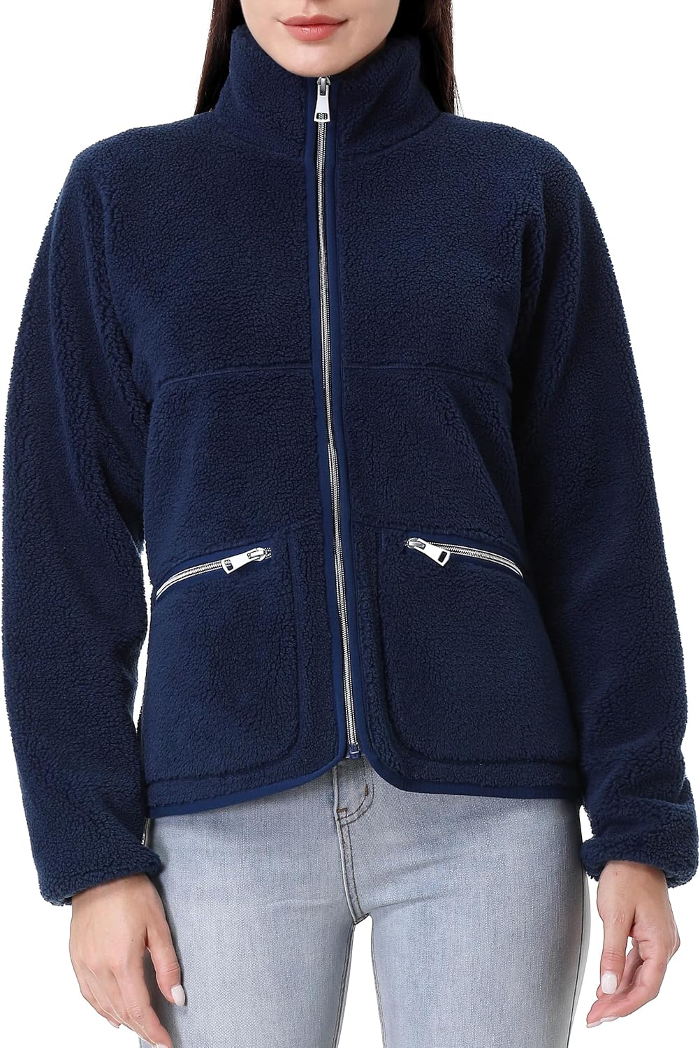 GIMECEN Women's Fuzzy Fleece Jacket Long Sleeve Zip Up Sherpa Coat Soft Polar Outerwear with Zipper Pockets - Image 4