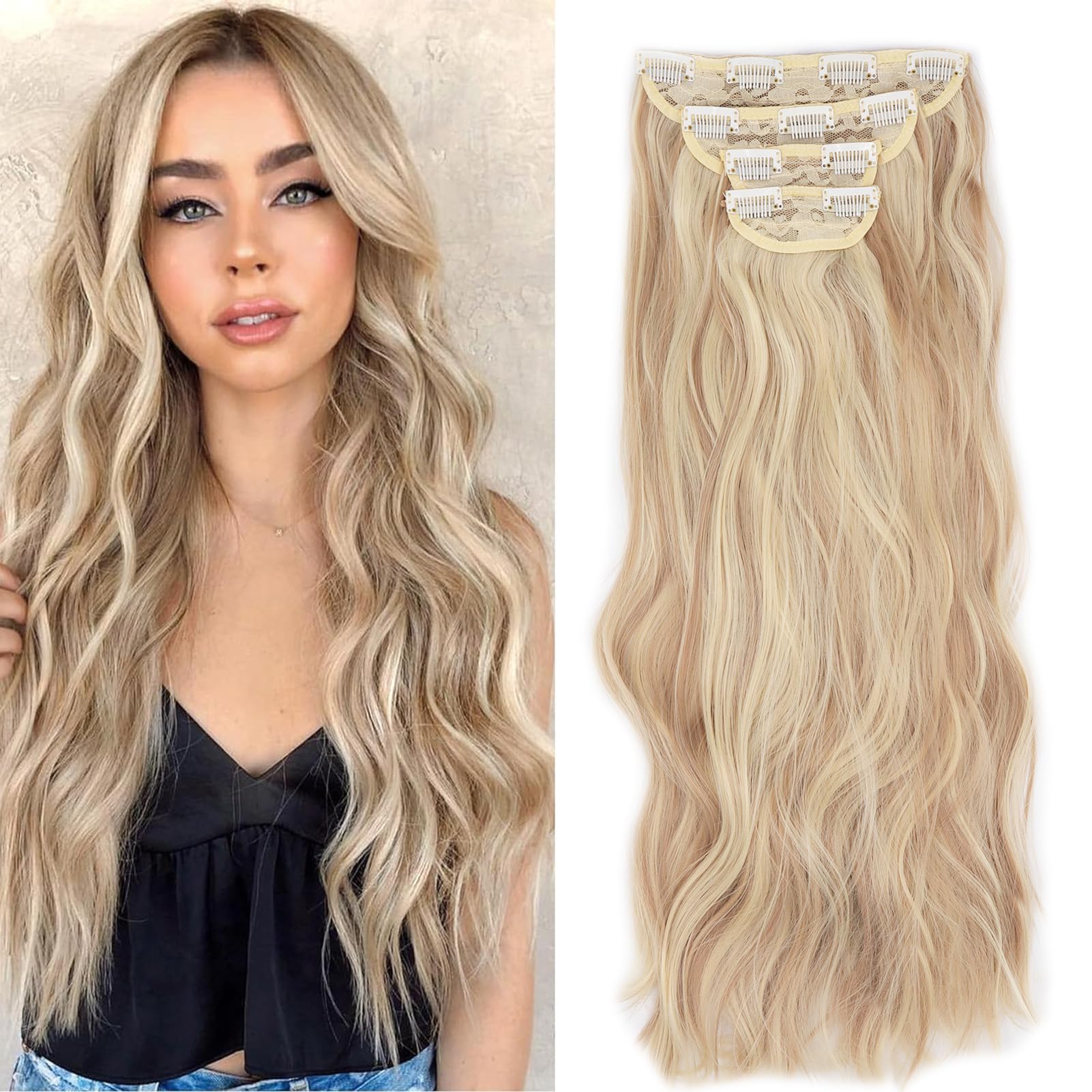 Gairyan Clip in Hair Extensions 4PCS Curly Wavy Long Hair Pieces Full Head Synthetic Hair Extension Thick Natural Look for Women, 22 Inches 220g, Sandy Blonde&Bleach Blonde