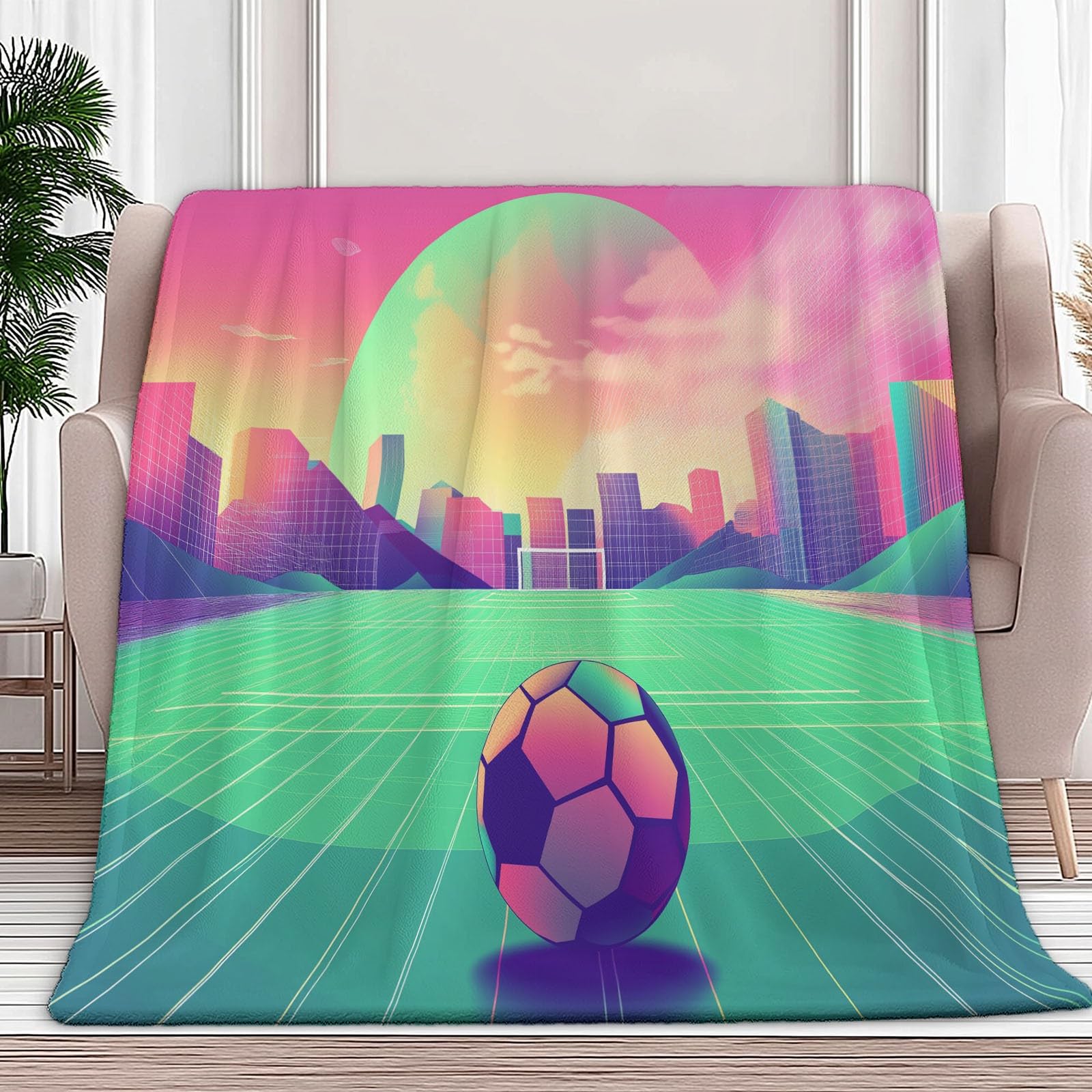 Colori Al Neon Coperta Plaid in Pile di Flanella Calcio Futuristico, Microfibra Morbido Durevole e Caldo Peluche, Singolo Matrimoniale Coperte Copriletti 180x220 cm per Letto Divano Soggiorno