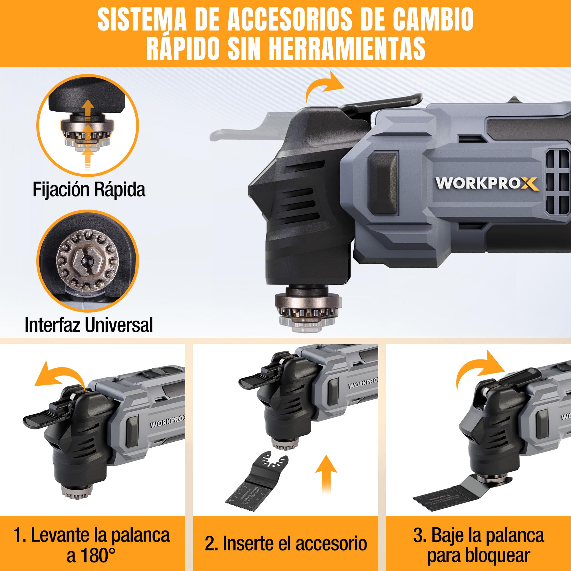 WORKPROX Multiherramienta Oscilante a Batería 20V con Motor Sin Escobillas | 6 Velocidades, Oscilación de 3,6°, Batería Incluida, 22 Accesorios y Bolsa, para Cortar, Raspar y Lijar
