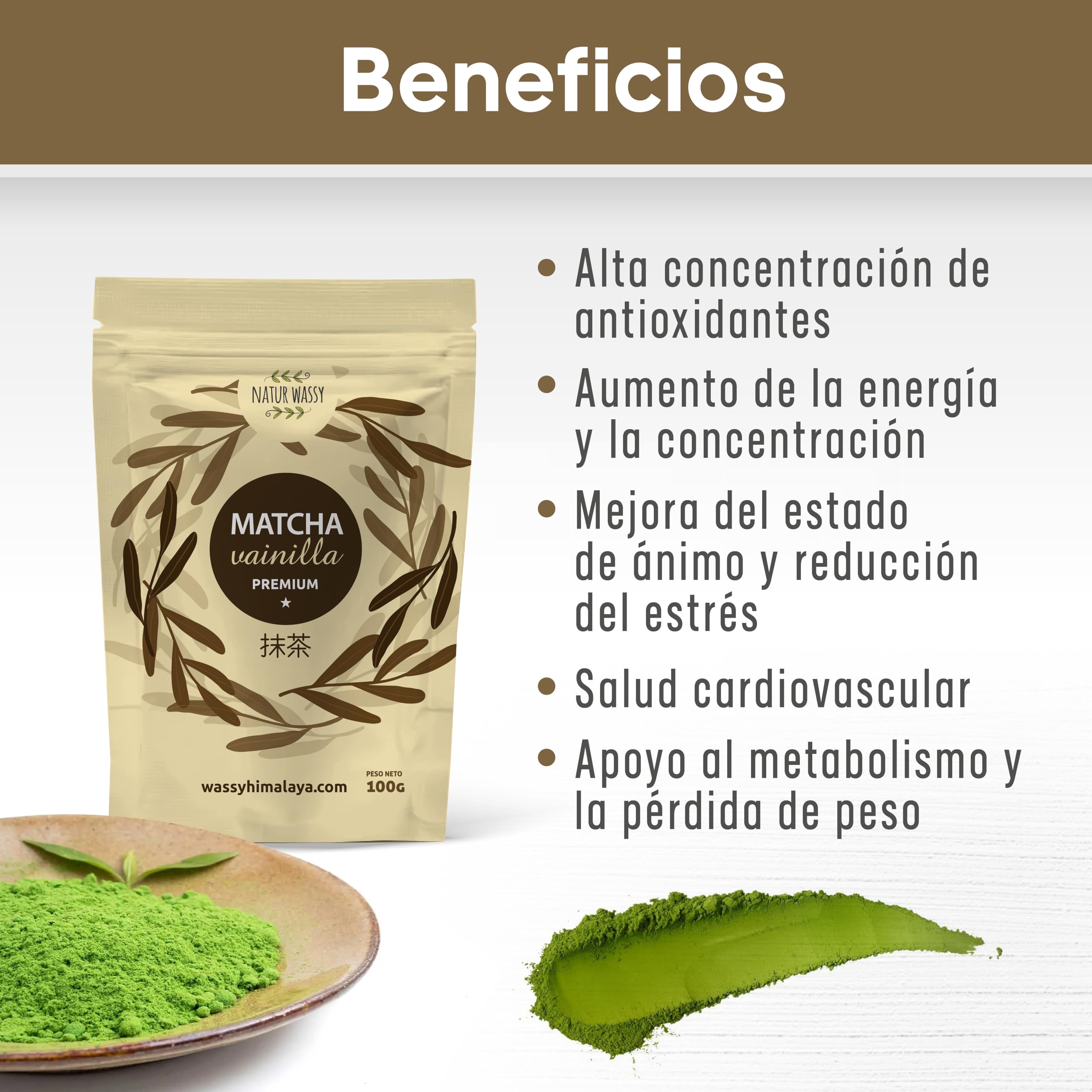 NATUR WASSY Te Matcha VAINILLA, Grado PREMIUM, En Polvo. 100% Natural. 100Gr De Te Verde Matcha Sabor a Vainilla, Potente Detox Y Antioxidante. 100 Dosis