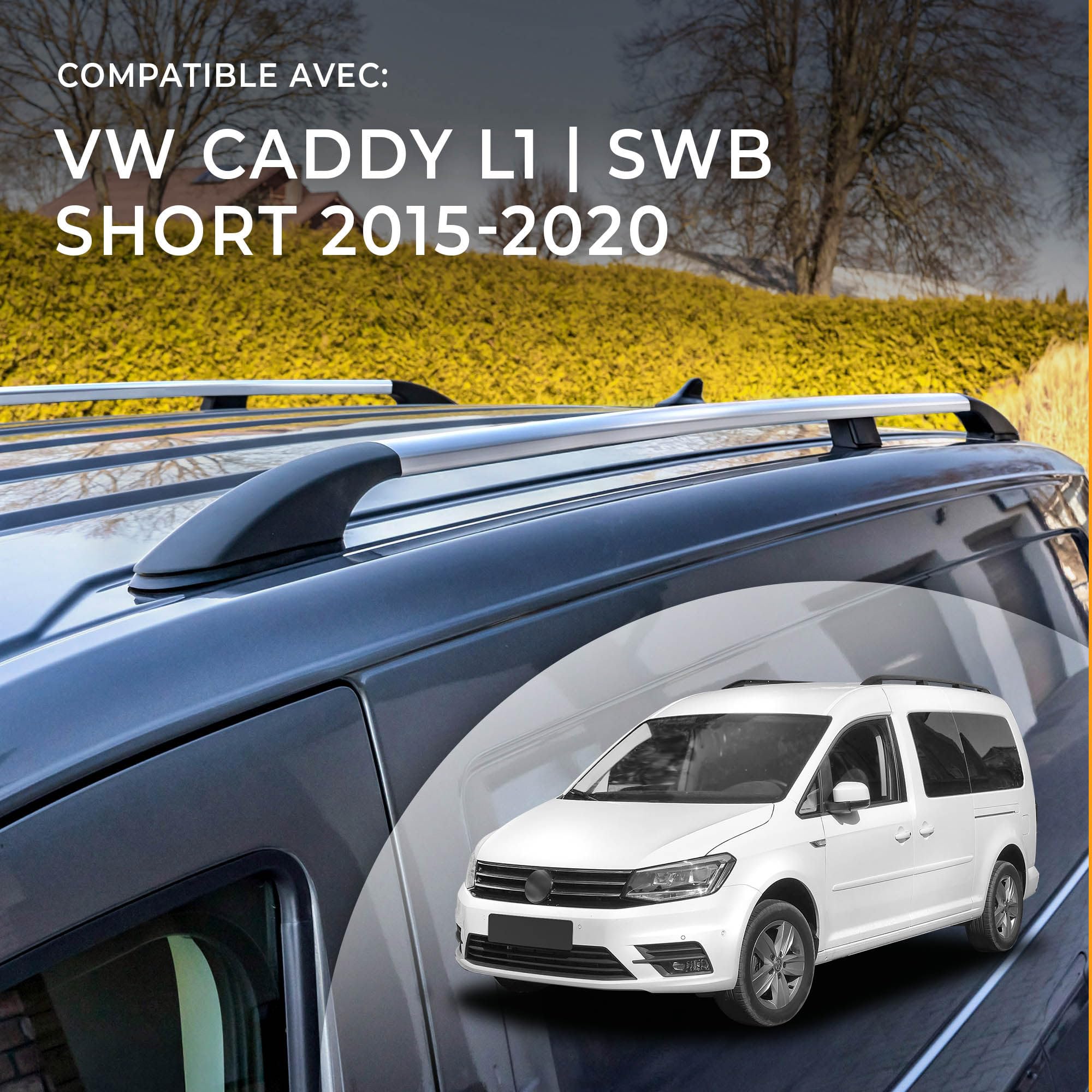 CHROMEMASTER | Barres de Toit Longitudinales Compatibles avec VW Caddy L1 Court 2015-2020 | Permettent l’Installation de Barres de Toit, Coffre de Toit, Porte-Vélos et Accessoires de Transport