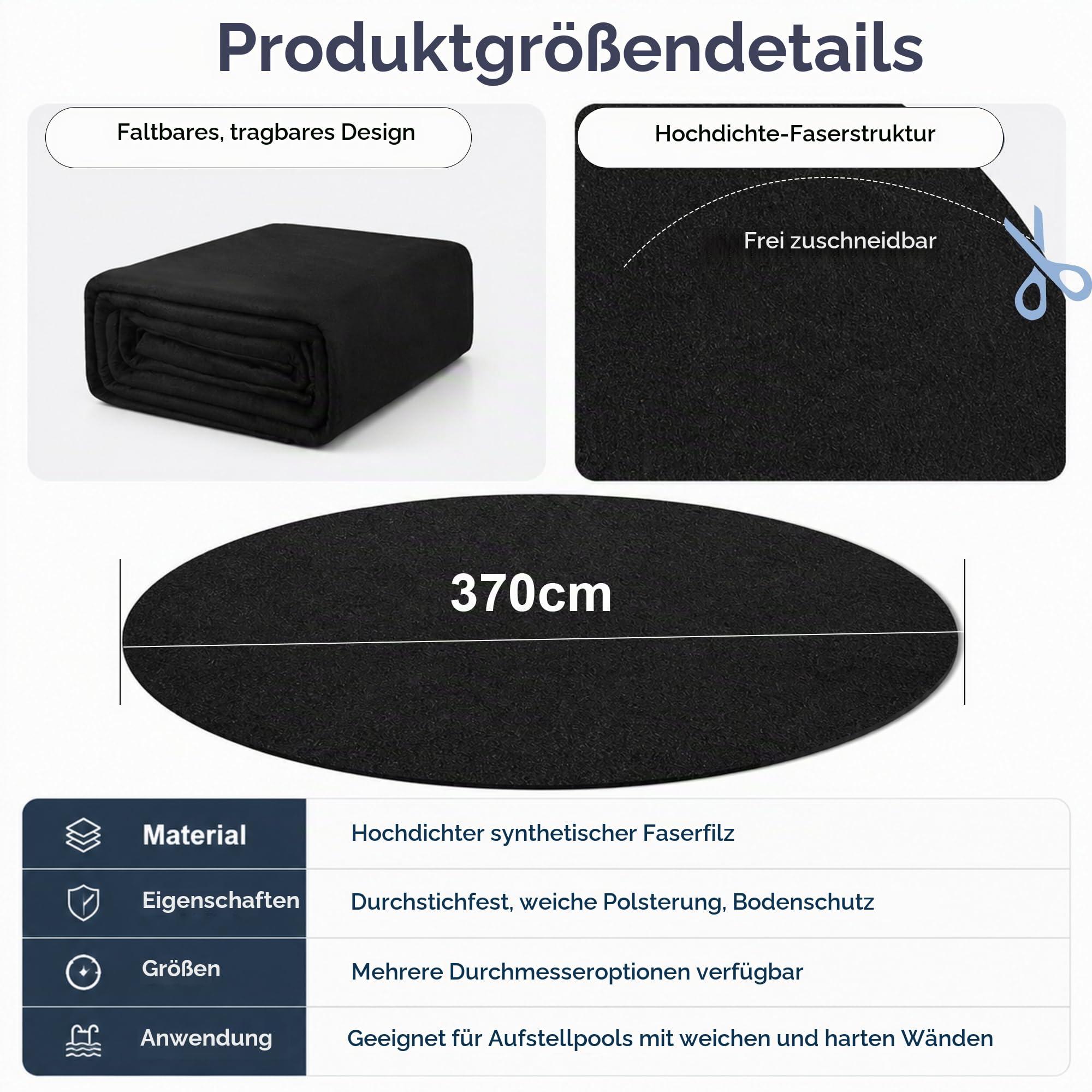 Pool Unterlage Rund 370 cm Poolunterlage Rund Outdoor Bodenplane für Pools, Reißfeste Bodenschutzmatte Schwimmbecken Bodenmatte für Aufstellpools&Whirlpools, Verlängert die Lebensdauer der Auskleidung
