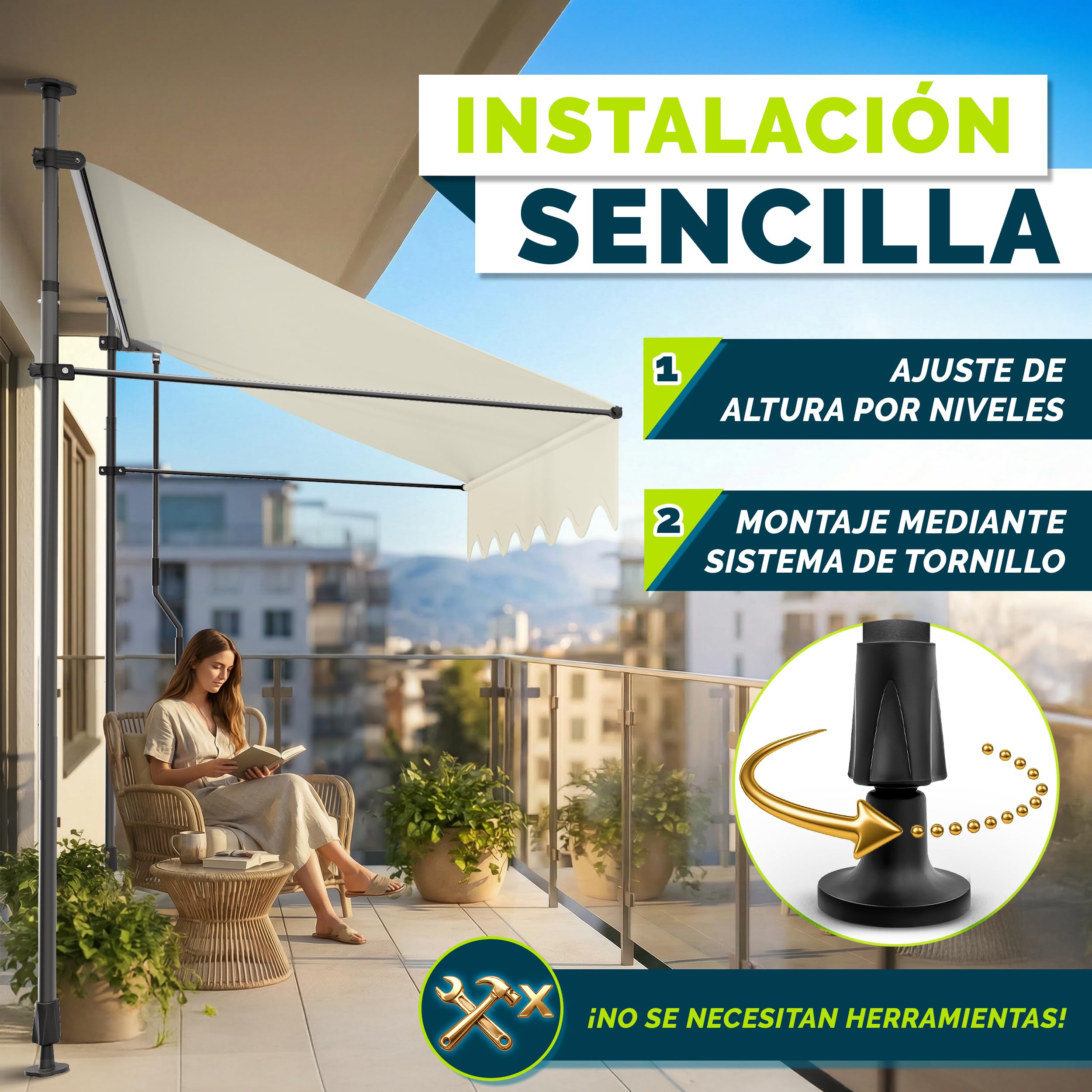 tillvex Toldo Manual portátil de balcón Patio | Toldo Ajustable con manivela para balcón | Parasol Resistente a UVA y Regulable en Altura | Protección Solar estanca a Agua (200cm, Arena)
