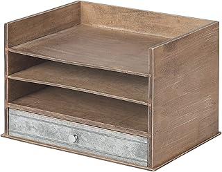 Kate and Laurel Industrious Desktop Wood Letter Tray with 3 Trays and Drawer, Rustic Wood and Galvanized Metal