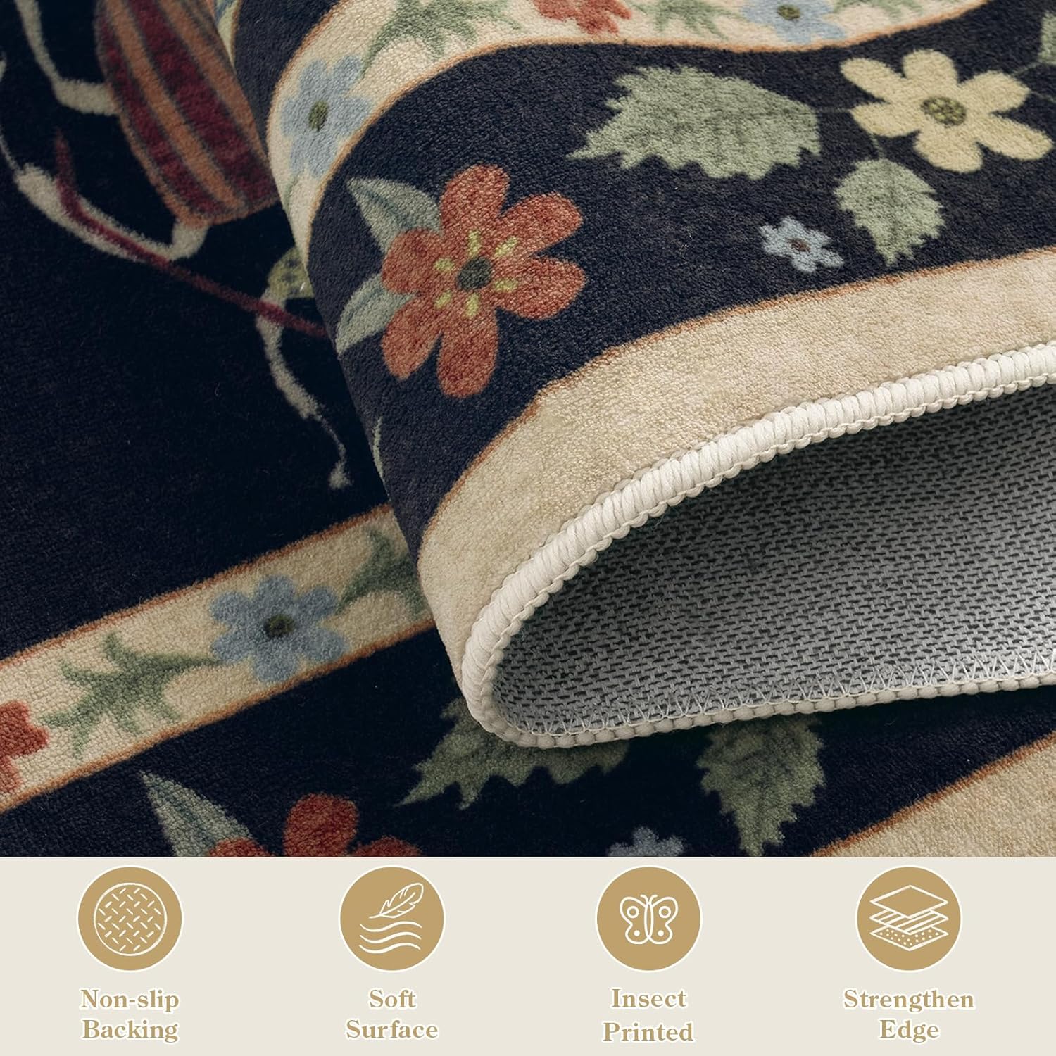 Beeiva Insect Print Rug 5x7, Washable Rugs for Living Room, Boho Non Slip Low Pile Ultra Thin Foldable Large Carpet for Office Bedroom Kids Room Playroom Apartment Dorm Classroom Decor(Black,5x7ft) - Image 9