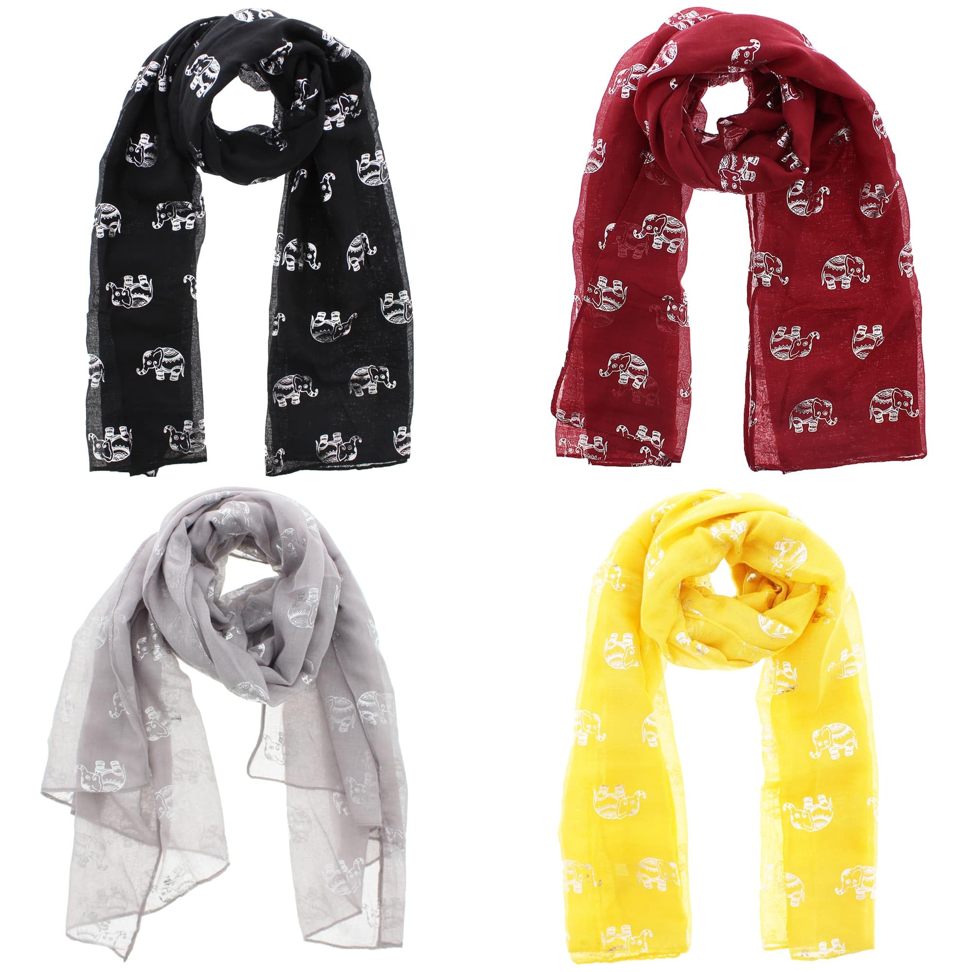 Zac's Alter Ego Women's Black, Burgundy, Silver & Golden Yellow Set Of 4 Lightweight Silver Foil Elephant Print Scarves