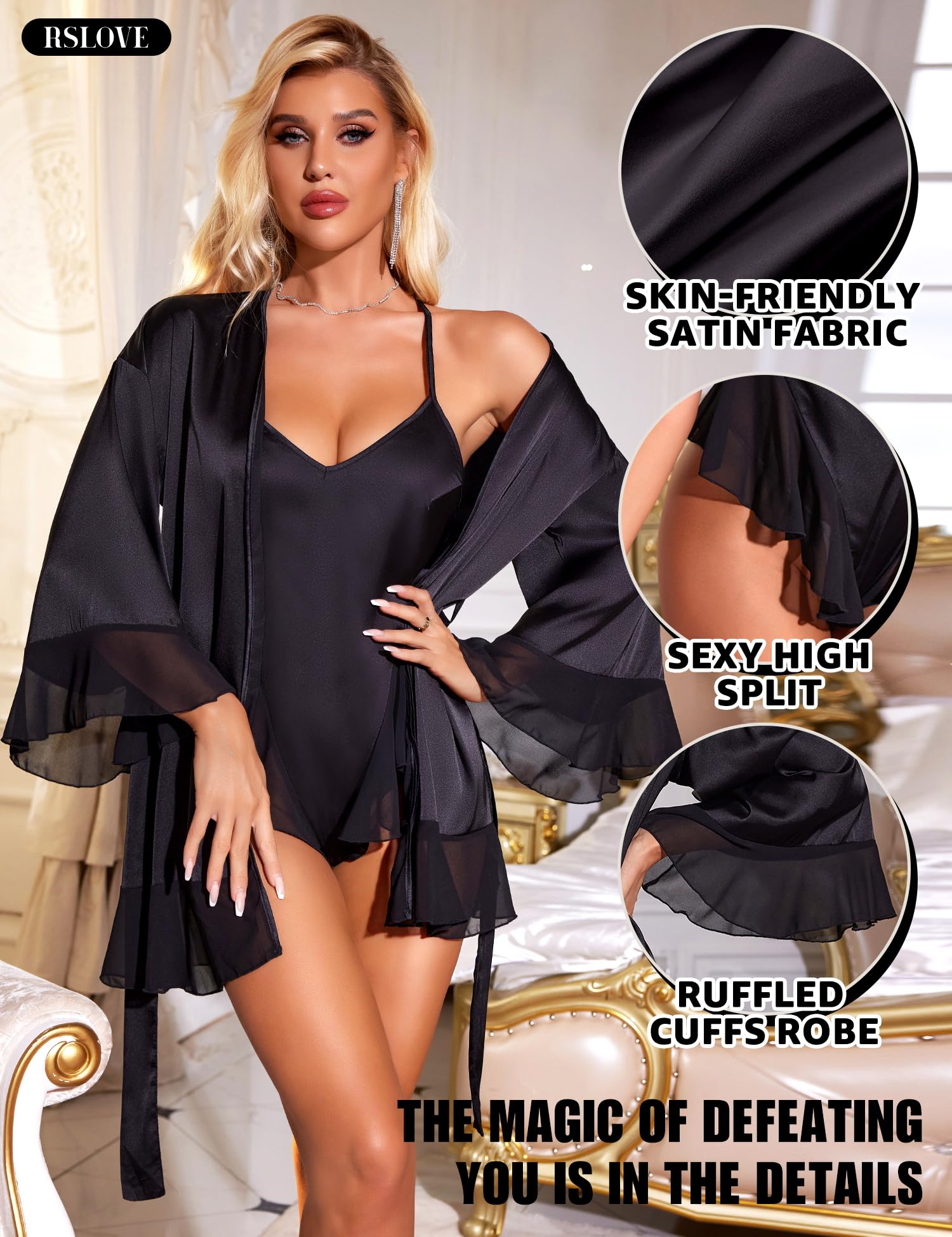 RSLOVE Women Sexy Lingerie Set - 2 Piece Lace Kimono with Teddy Lingerie Satin Robe Set Bodysuit Nightgown: Small Black