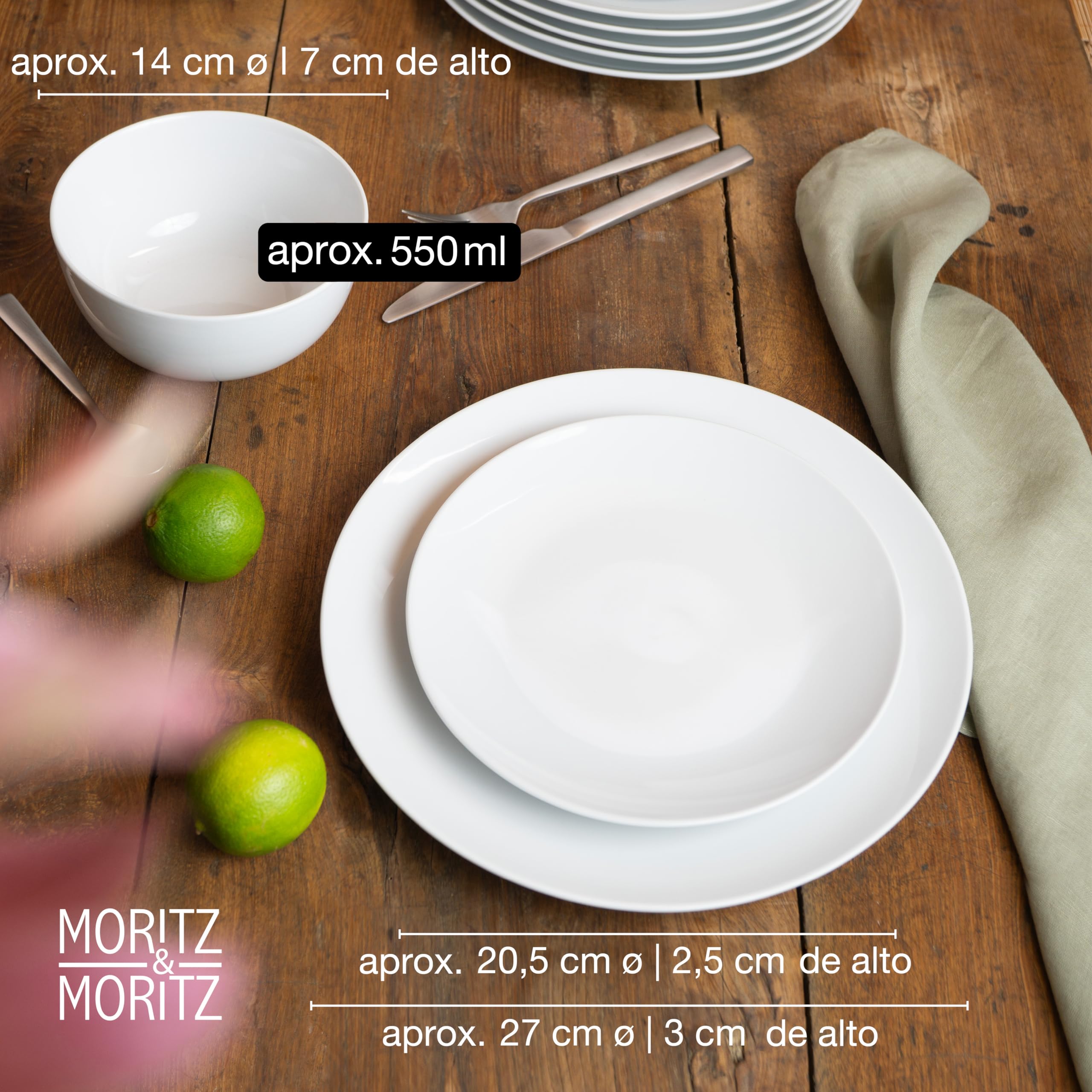 Moritz & Moritz BASIC Set da 18 pezzi - de Porcelana en Blanco Clásico - Compuesta por 6 Platos Llanos, 6 Platos de Postre y 6 Cuencos