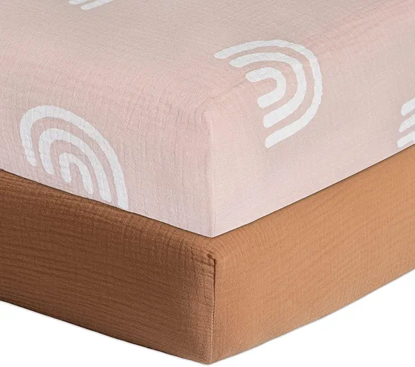 Meracorallo Muslin Fitted Crib Sheets, 2 Pack Soft Breathable Cotton Baby Crib Sheet, Boho Neutral Crib Sheet for Standard Crib and Toddler Mattress 28"x52" (Rainbow & Camel)