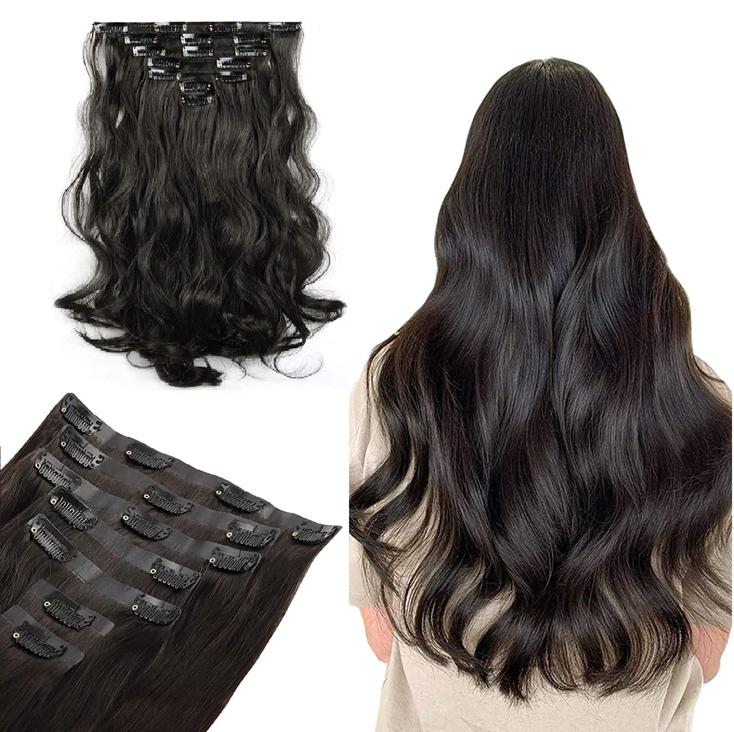 BeatStock, High Tempreature 6 Pcs set with 16 Clip Curly wavy Hair Extension in 24 inch for women and girls in Black Color-image-34