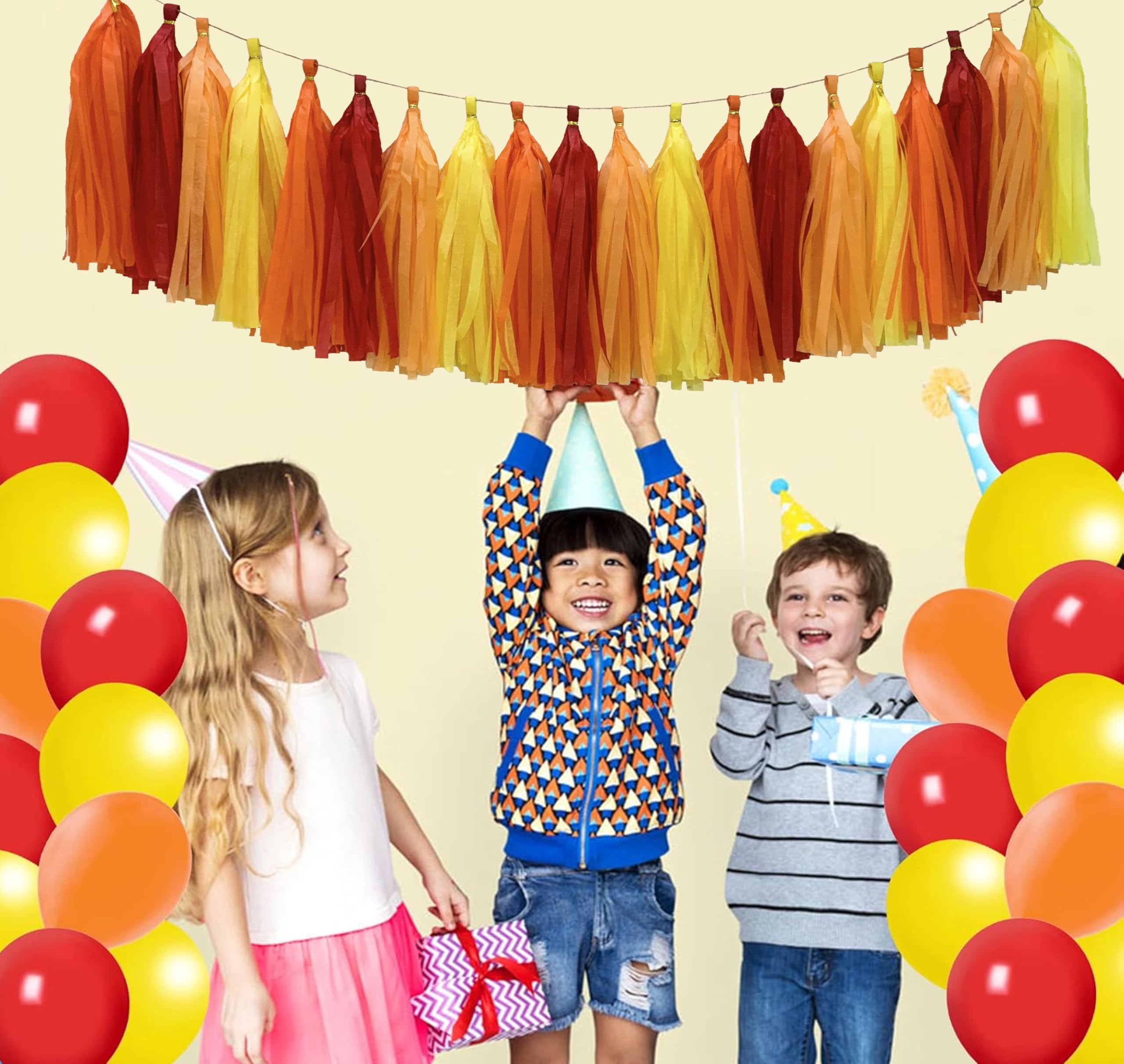 Guirnalda de borlas de papel de seda rojo, naranja y amarillo, pancarta de borla de papel para decoración de fiestas, paquete de 20