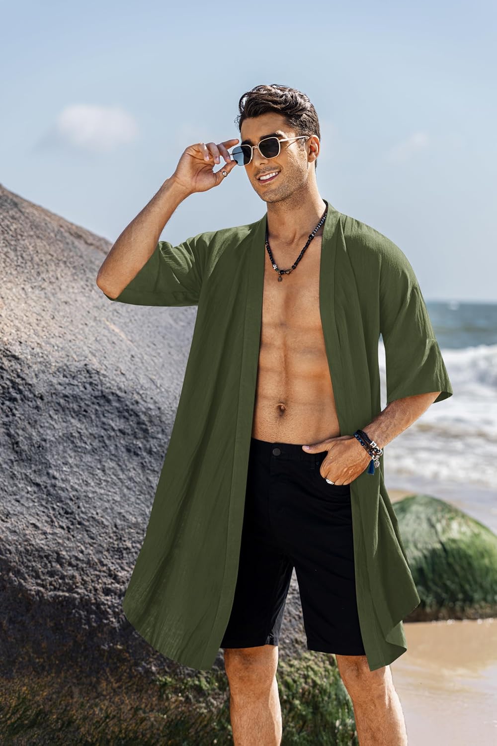 COOFANDY Men's Ruffle Shawl Collar Lightweight Cardigan Long Kimono Jackets Open Front Drape Cape Coat - Image 5