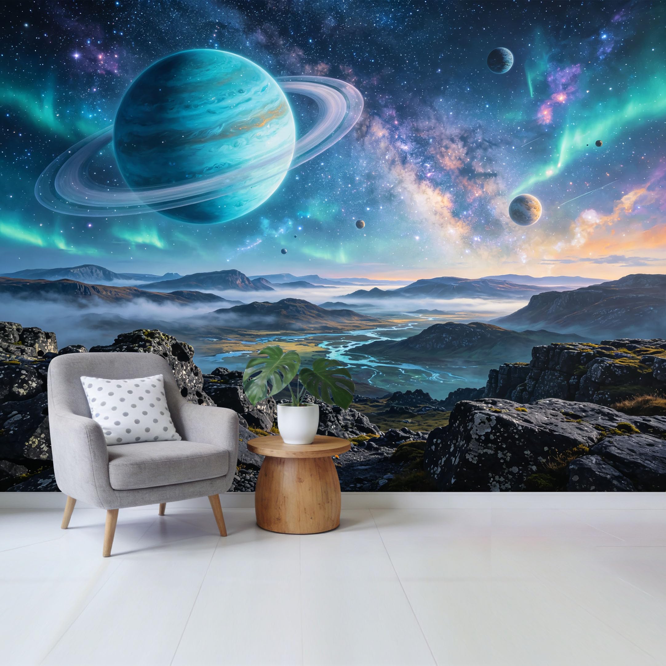 Custom Size Wall Mural Cosmic Planet Landscape Aurora Sky Galaxy View Removable Self Adhesive Fabric Home Wall Decor for Living Room Bedroom Bathroom
