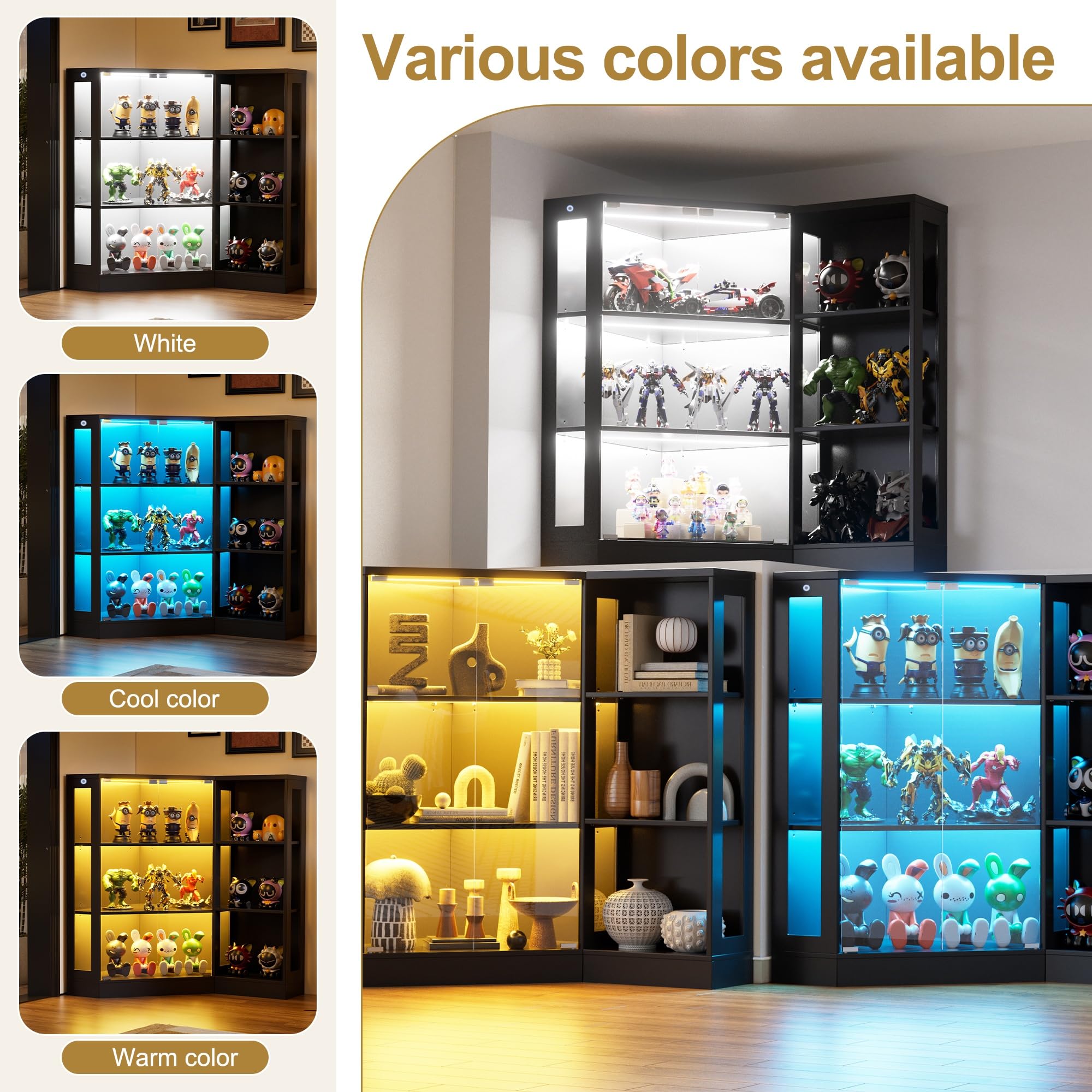 MSFE Vitrine en Verre avec LED, Armoire Vitrine pour Collection avec Capteur Intelligent, 2 Porte 6 étagères, Multifonction Meuble Vitrines LED Salon, Chambre, Entrée, 100x116.5x60 cm, Noir