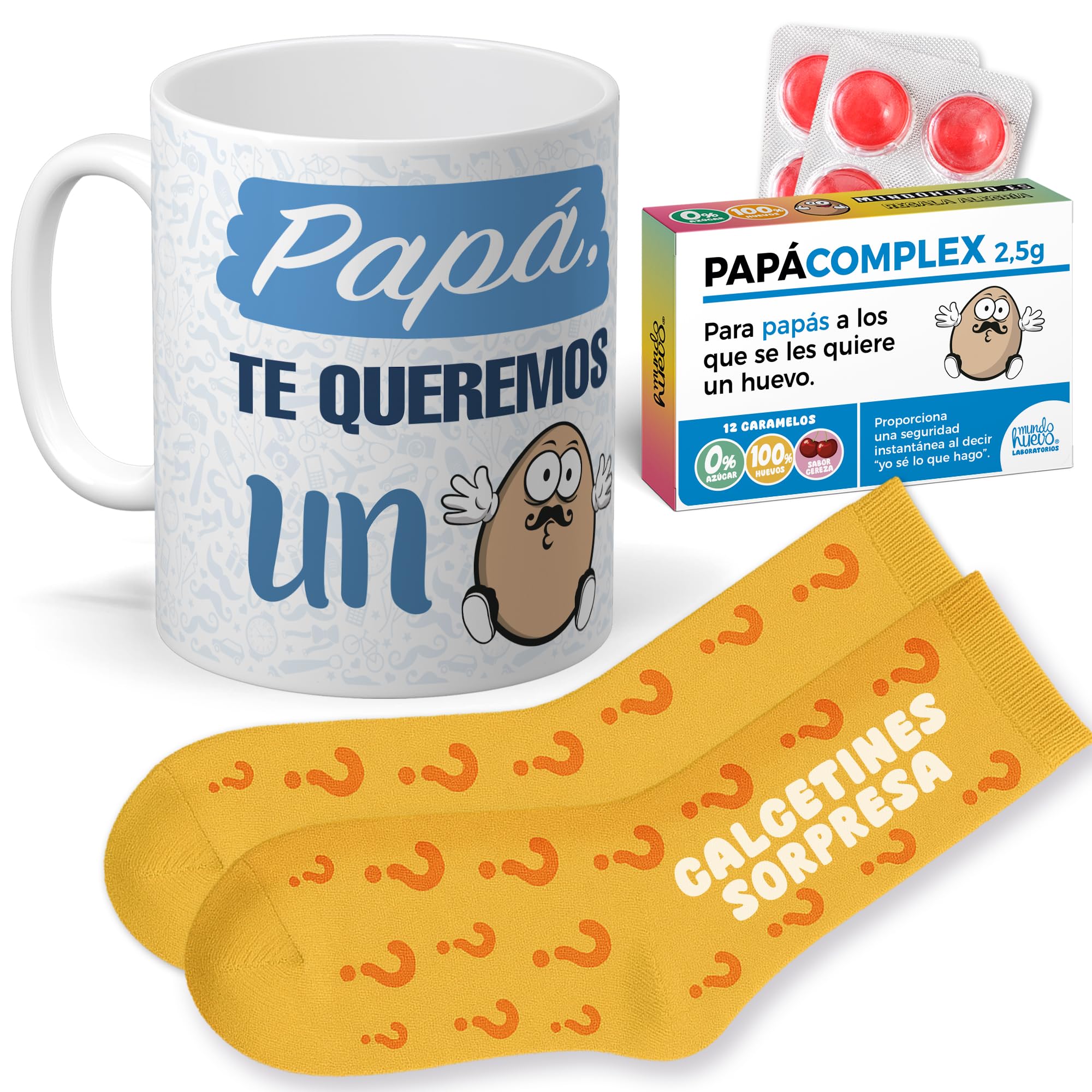 mundohuevo Regalo Divertido Dia del Padre | Taza Personalizada Papa TE Queremos UN Huevo, Caramelos de Broma PAPACOMPLEX y Calcetines Sorpresa.