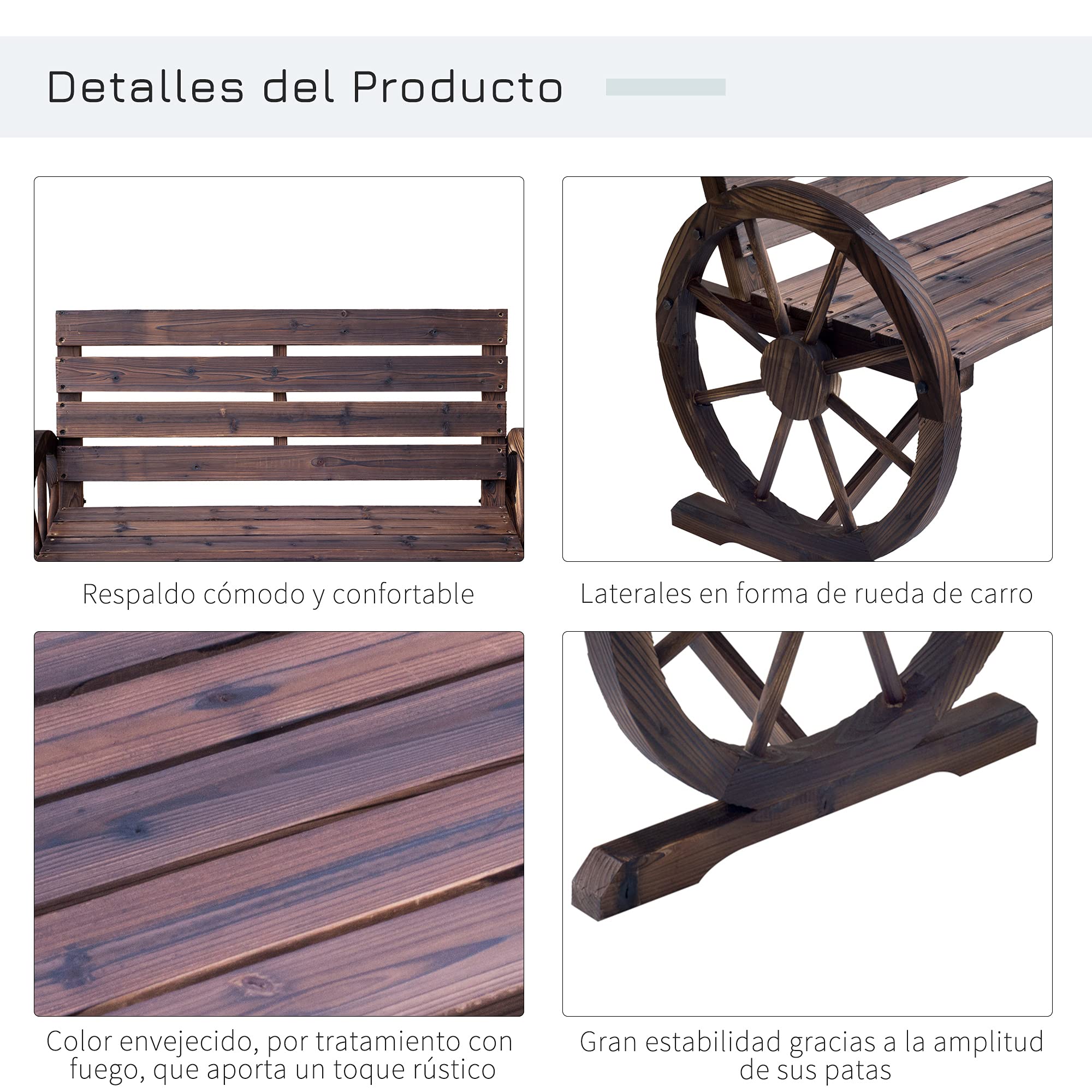 Outsunny Banco de Jardín de Madera, Banco de Exterior con Reposabrazos en Forma de Rueda, Estilo Rústico, Carga 250 kg, de 2 Plazas, para Patio, Terraza, 105,5x59x75 cm, Carbonizado