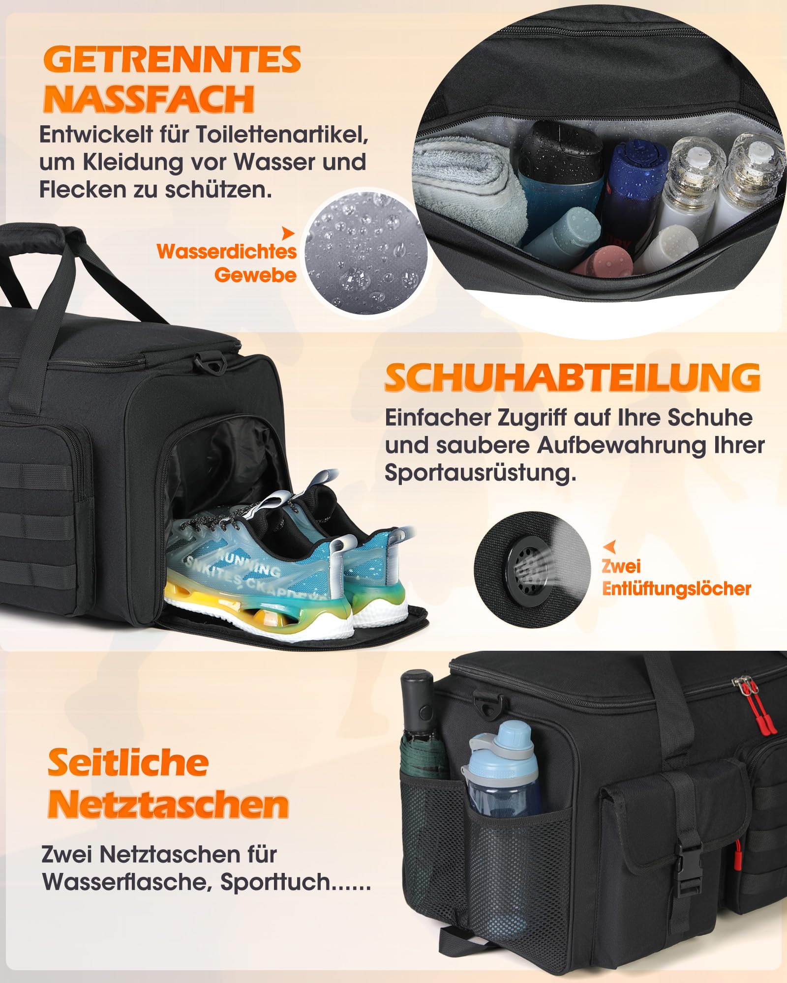 RAINSMORE 3 IN 1 Sporttasche Herren 45L Reisetasche Rucksackfunktion | Handgepäck Groß mit Schuhfach Latopfach und Nassfach Fitnesstasche Trainingstasche für Gym Reisen Weekender
