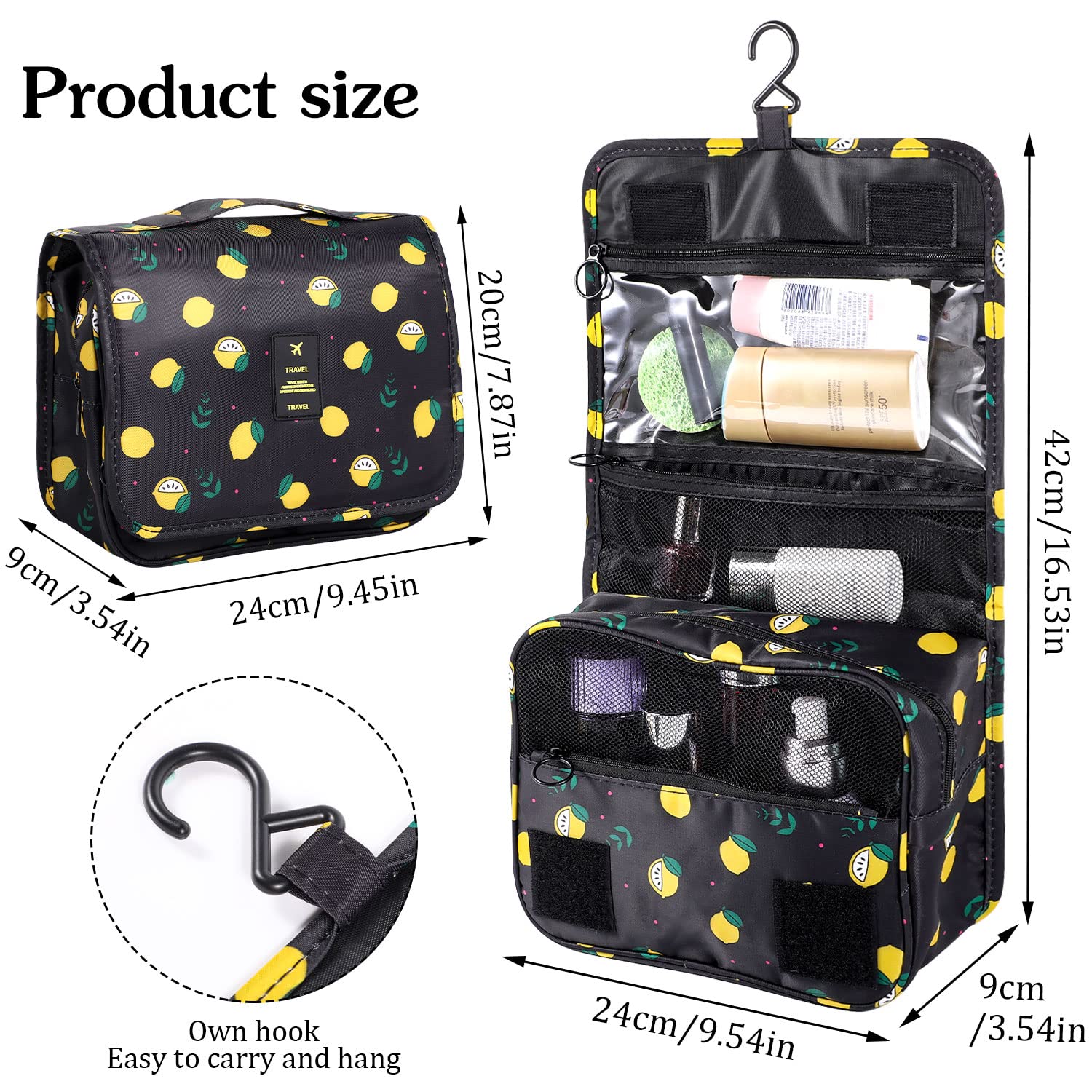 Pengxiaomei Hanging Toiletry Bag, Black Waterproof Cosmetic Bag Portable Lemon Makeup Pouch Travel Wash Bag with Handle for Kids Teen Girls Birthday Mothers Day Gifts
