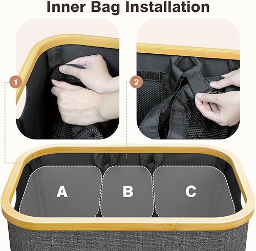 Miniatura 2 de Cesta de lavandería con tapa, cesta extra grande de 3 secciones para ropa sucia, organizador de cesta dividida para dormitorio, cuarto de servicio,