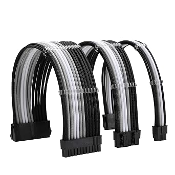 Formulamod PSU Cable Extension Kit 18AWG Sleeved, 24 Pin ATX + 8 Pin EPS + Dual 8 Pin PCI-E, Custom PC Cable Extensions with Combs for Clean Cable Management & Gaming PC Build Black Silver White