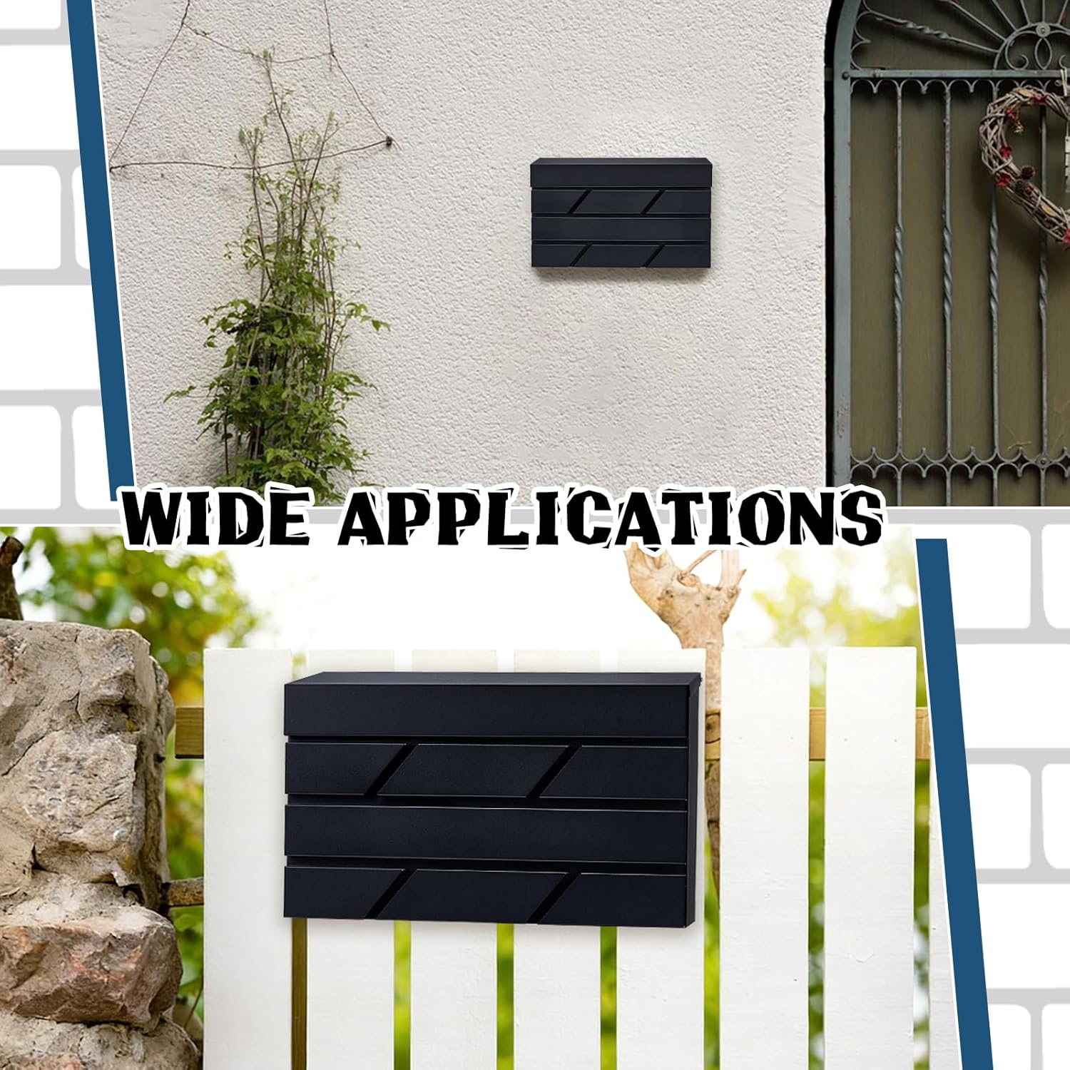 Wall Mount Mailbox for House Outside, Large Capacity Modern Mailbox Drop Box, Galvanized Steel Rustproof Metal Postbox Black Collection Hanging Mail Box, 15.55"x9.84"x4.33"(No Key Locking)