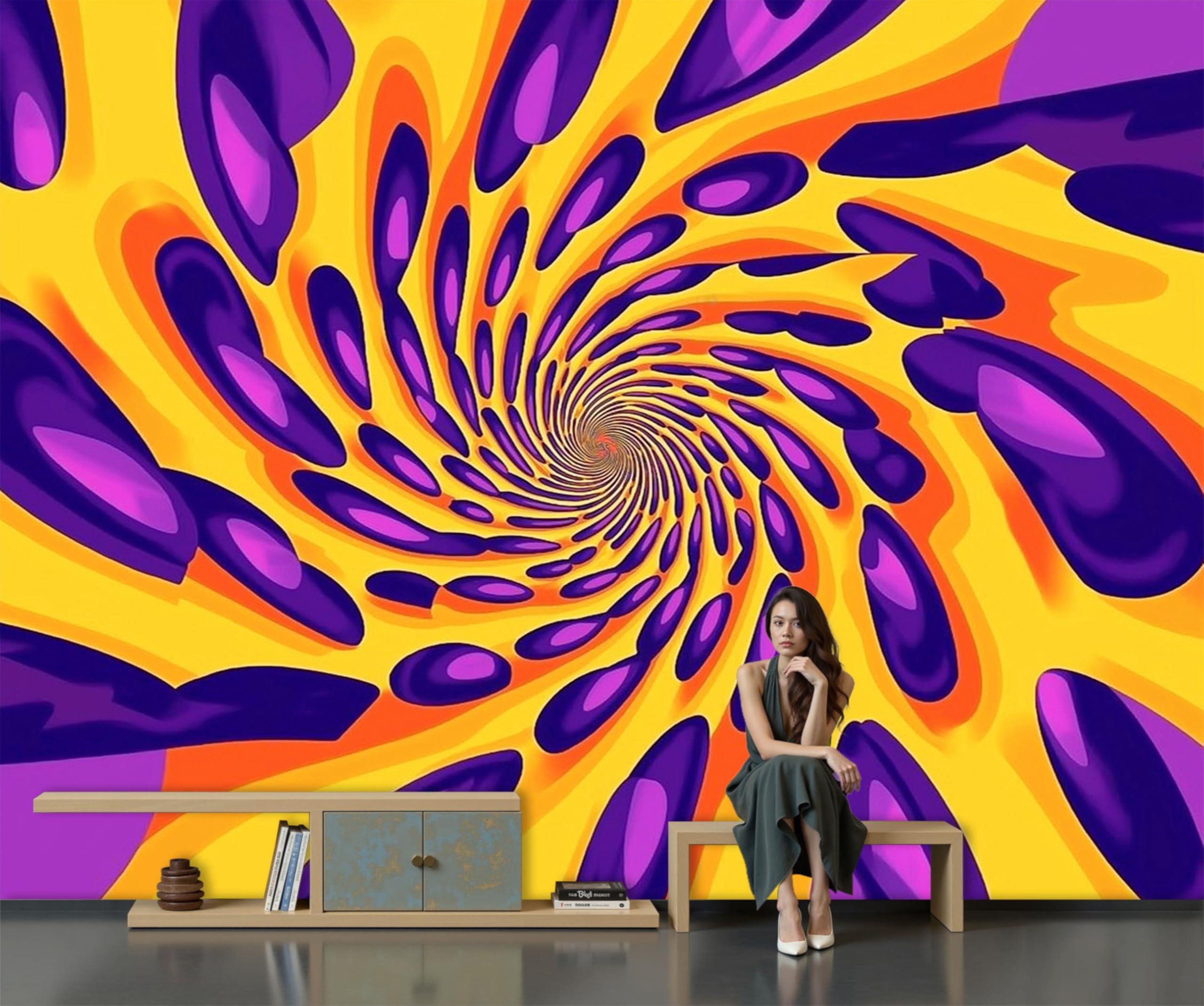 Papier peint illusion visuelle effet 3D pour agrandir le salon