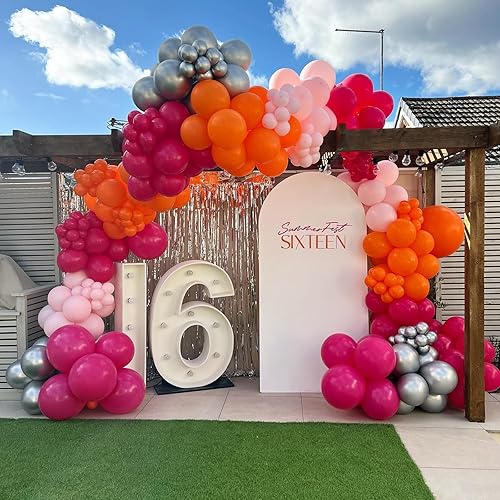 Miniatura 5 de FOTIOMRG Juego de 203 guirnaldas de arco de globos de color rosa intenso y naranja, globos de oro naranja y rosa para arco de globos, flamenco