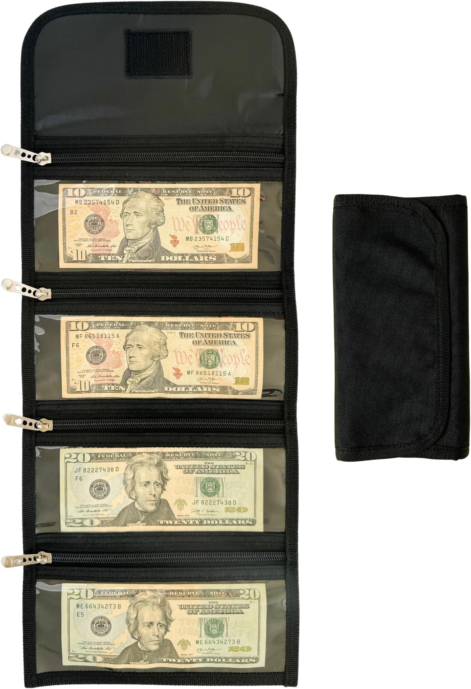 Money Organizer for Cash with 4 Zippered Pockets - Cash Wallet - Foreign Currency Organizer - Passport Storage Holder - Organizador de Dinero - Money Bag for Bills and Coins - Black