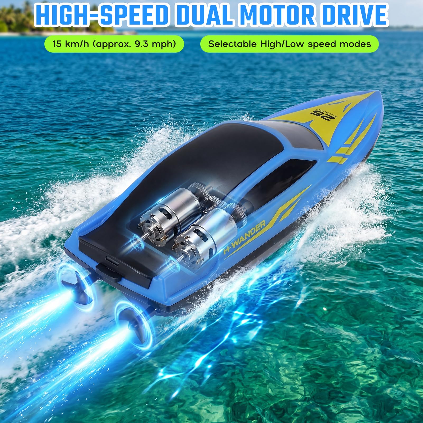 Bateau Télécommandé Rapide 15 KM/H - 2 Heures d'Autonomie, Redressement Automatique, Étanche - Bateau RC 26cm avec Lumières LED, Batterie Rechargeable pour Enfants et Adultes