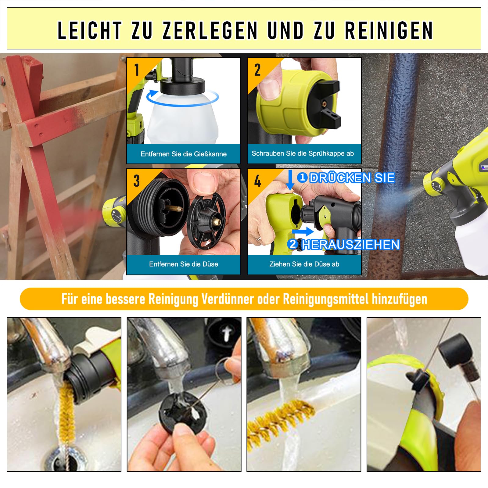 Pistola a spruzzo a batteria elettrica per Ryobi da 18 V, pistola per verniciatura portatile con 4 ugelli e 3 modelli di spruzzo, pistola a spruzzo da 1000 ml per dipingere pareti, recinzione
