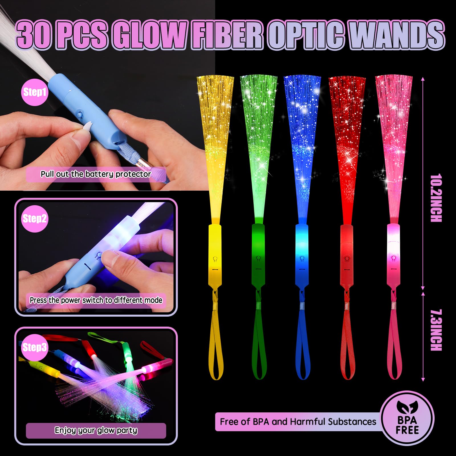 30 varitas de fibra óptica, varita de luz LED, suministros de fiesta que brillan en la oscuridad, recuerdos de fiesta iluminados, luces de fibra óptica, barras de luz intermitentes brillantes para