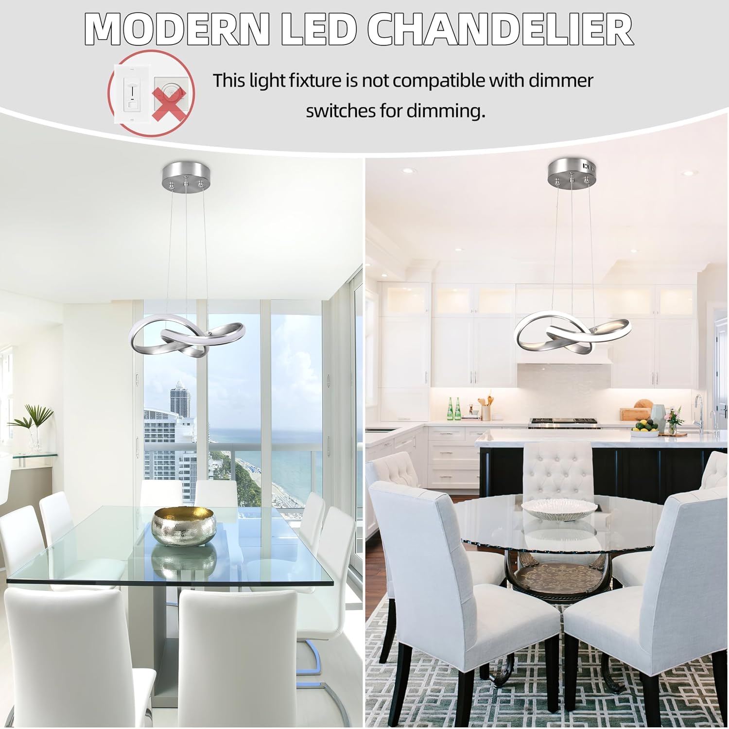 LED Chandelier Modern Pendant Light Fixture 2 Pack Simple Irregular Streamline Ring Light Nickel with 4500K and 59" Height Adjustable Hanging Lamp for Kitchen Island Hallway Foyer Corridor image 5