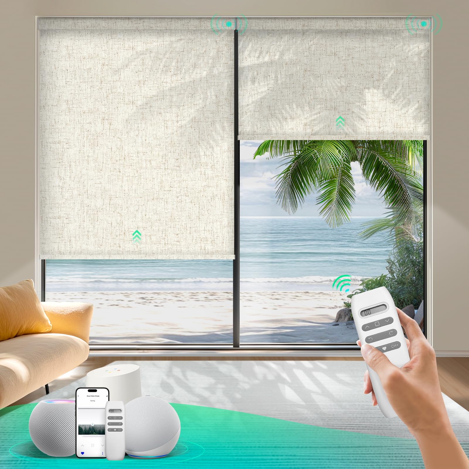 Motorized Roller Shades, Smart Blinds for Windows, Remote Automatic Window Shades, Electric Shades, Light Filtering, Compatible with Alexa Google Apple Home (Nature-Oatmeal LF)