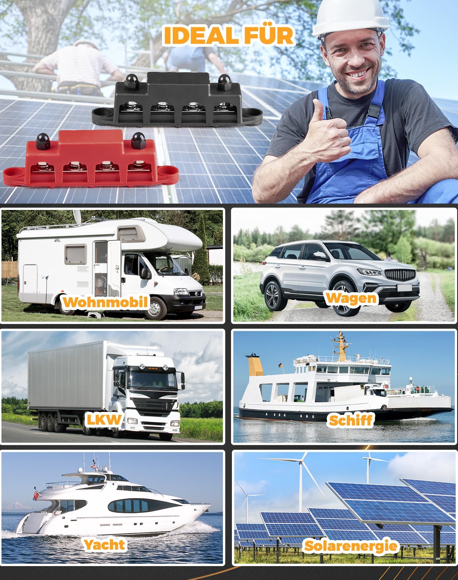 LAOYE Blok rozdzielczy 250 A, 12 V, szyny zbiorcze 12 V-48 V z 4 x bolcami zaciskowymi M8, moduł o wysokiej wydajności do rozdzielcy zasilania w samochodzie, RV, ciężarówce, statku, jachcie i energii
