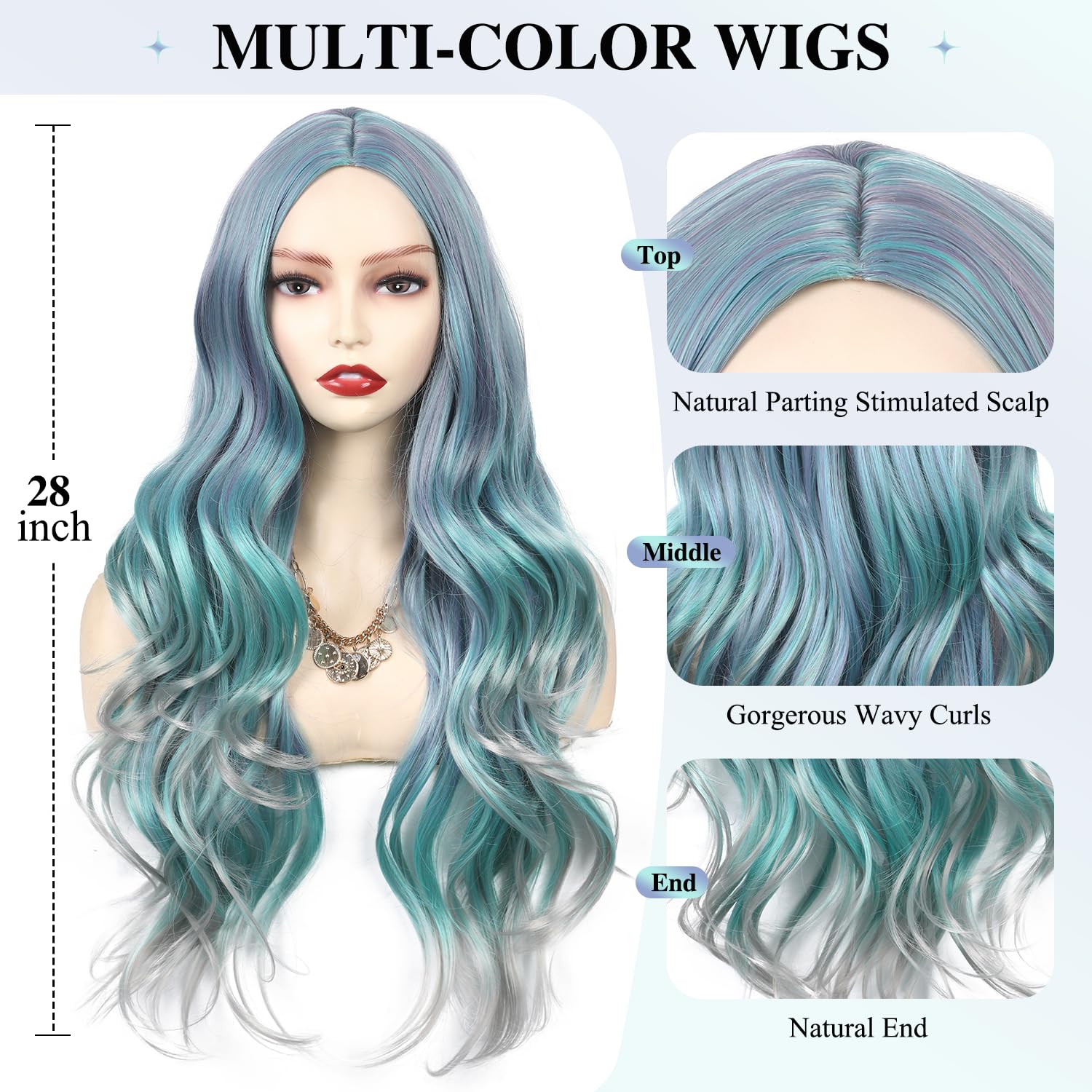 Amazon.com: WIGER Long Wavy Rainbow Wigs Bluish Green Long 