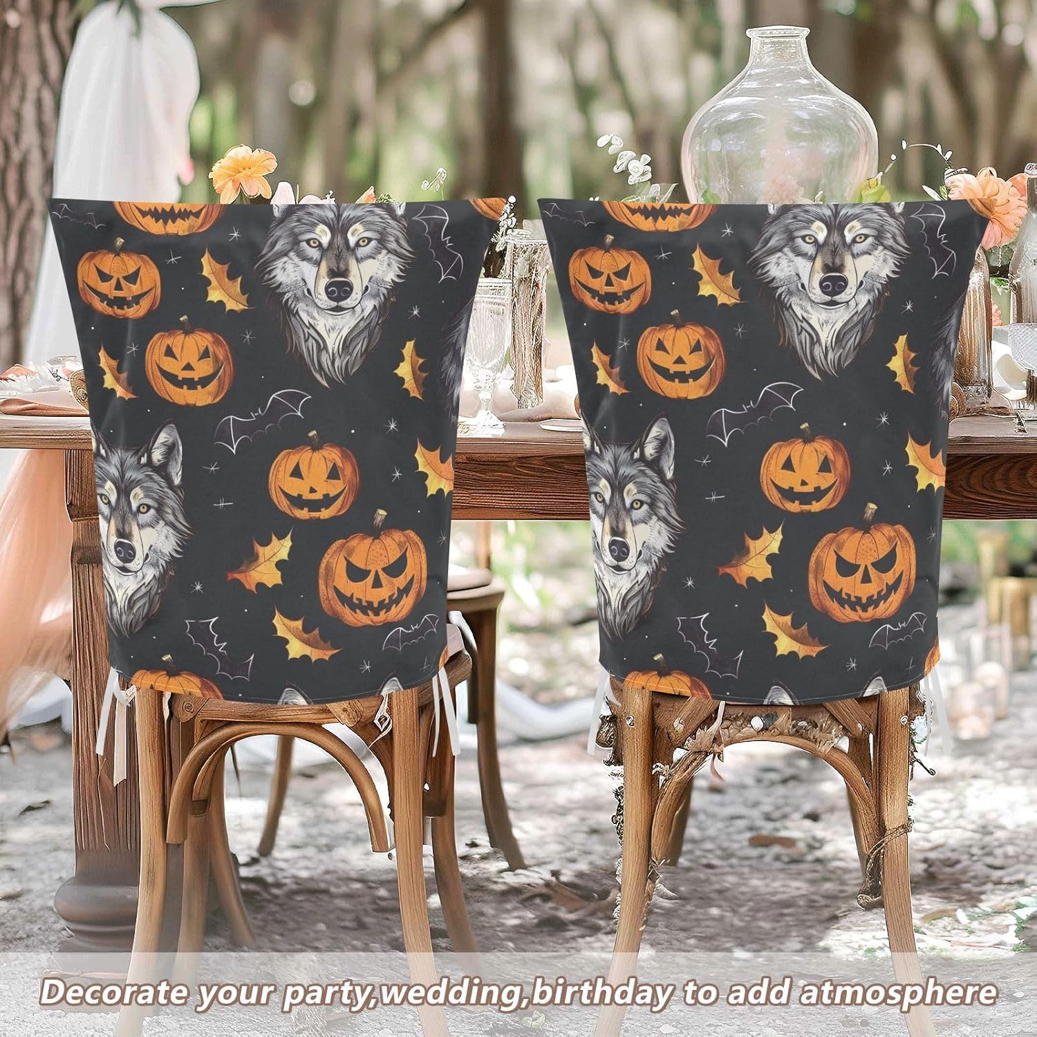 ALAZA Wolves and Halloween Pumpkin Chair Back Cover Set of 6, Washable Reusable Removable Chair Slipcovers Decorative Chair Cover for Home Kitchen Wedding Party
