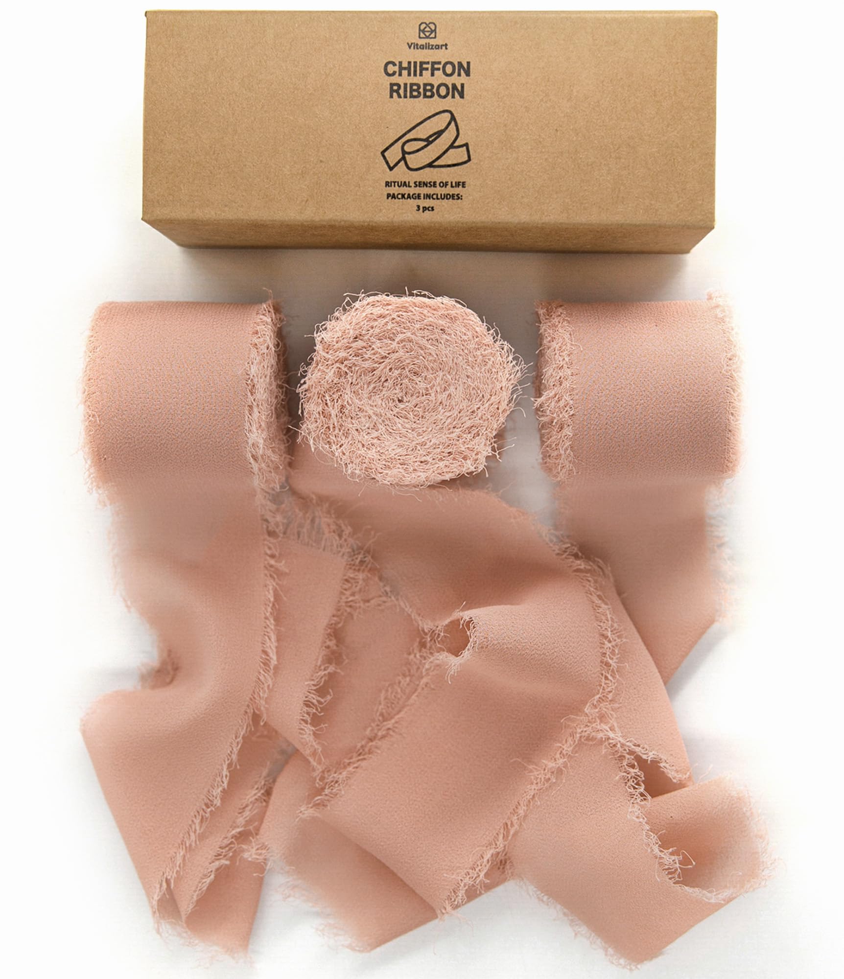 Vitalizart Rose Gold Handmade Chiffon Silk Ribbon Fringe 3 Rolls 1.5" x 21 Yd Frayed Edges Ribbons for Wedding Invitations Bridal Bouquets Gifts Wrapping Crafts Holiday Decor