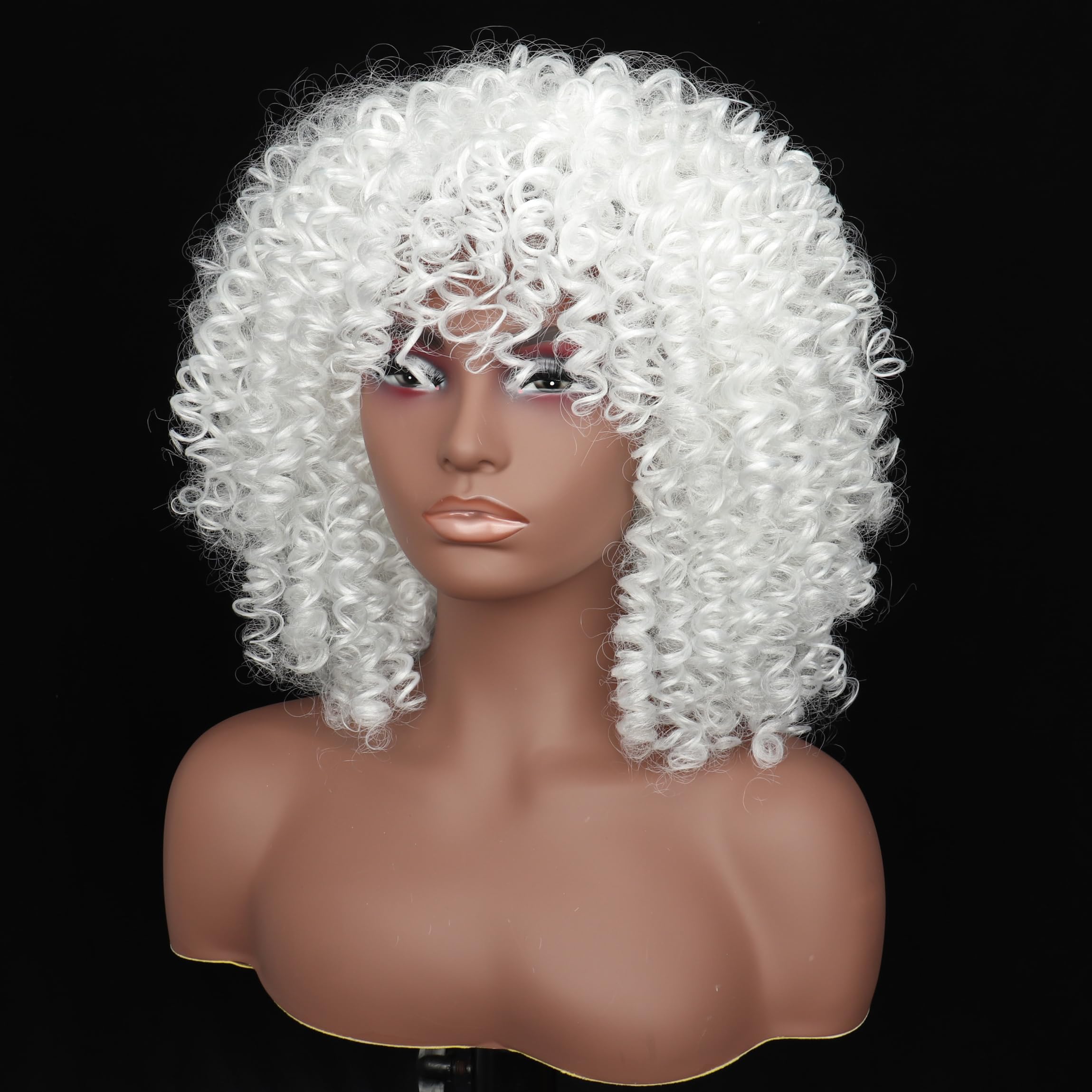 Colorfulpanda Pelucas cortas rizadas afro blancas con flequillo, peluca afro voluminosa, peluca de pelo rizado natural sintético para mujeres negras, ideal para cosplay, Halloween, fiesta y uso diario