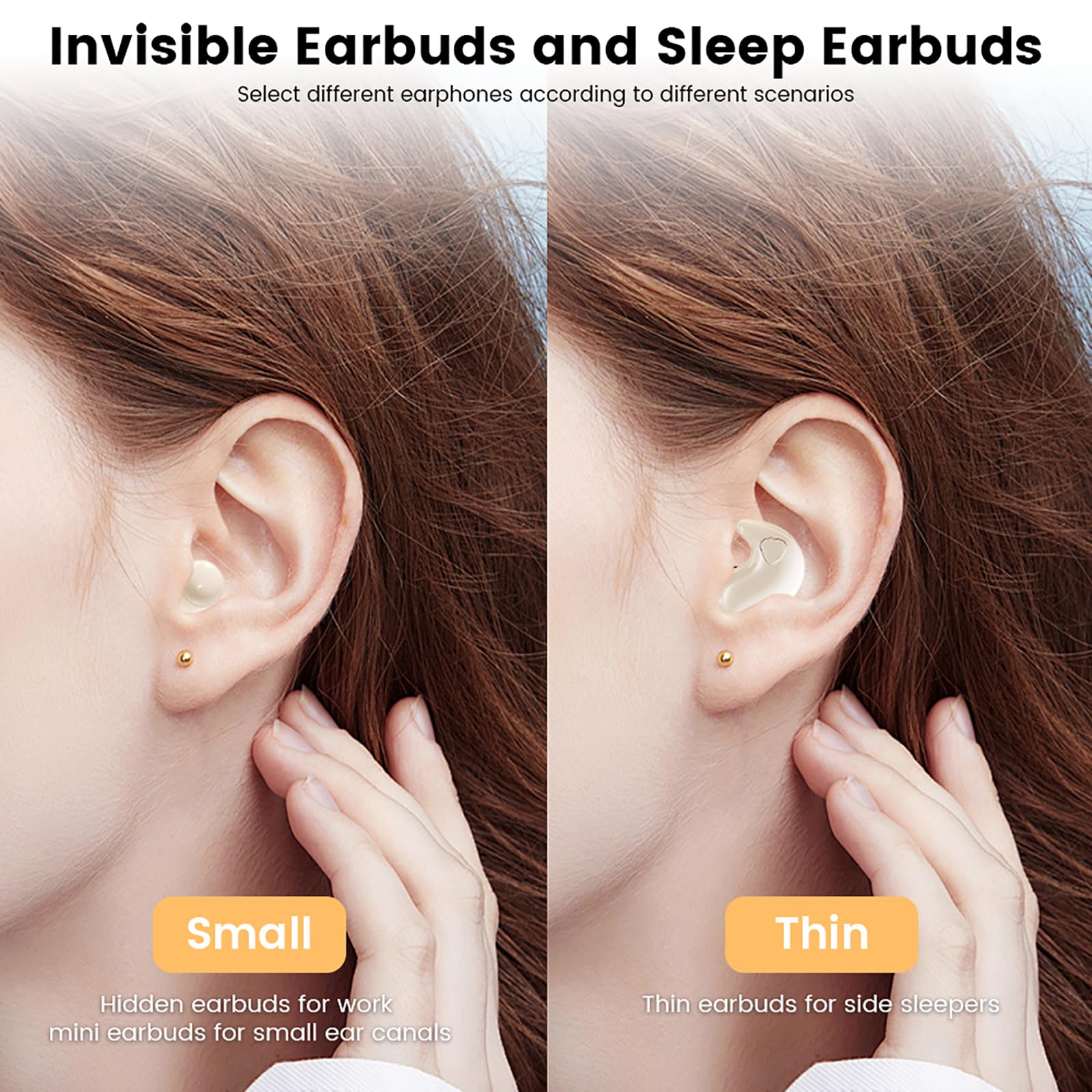 Paquete de 2 auriculares para dormir, auriculares Bluetooth con cancelación de ruido para personas que duermen de lado con funda de carga, pequeños auriculares inalámbricos invisibles para canales