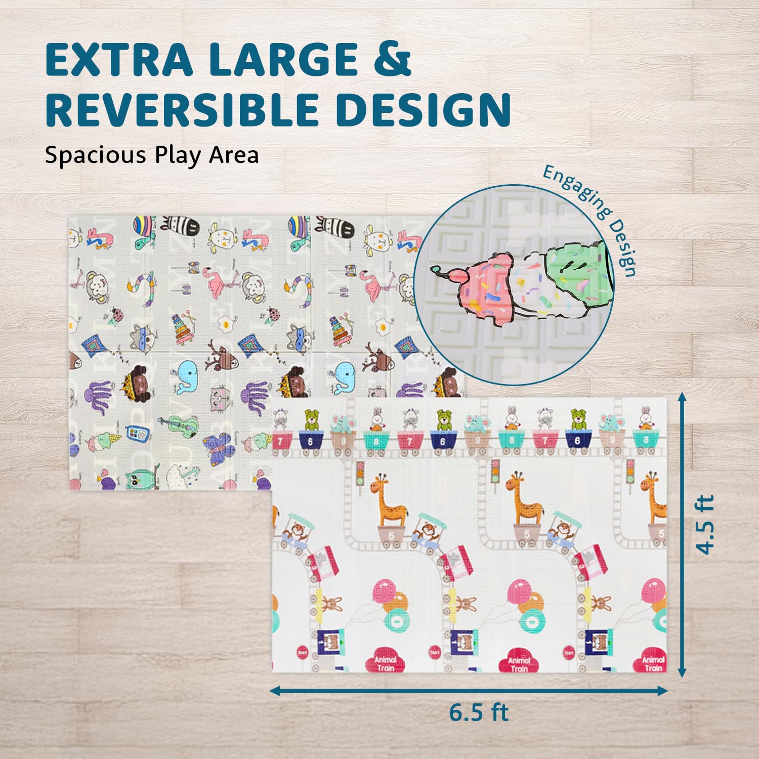 Amazon Brand - Supples Reversible Baby Playmat | Certified BIS-Approved Foldable Foam Mat for Learning & Crawling | 0.6 cm Thick | 2+ Months Baby | Alphanumeric Design | 6.5 x 4.5 ft | Multicolour 2